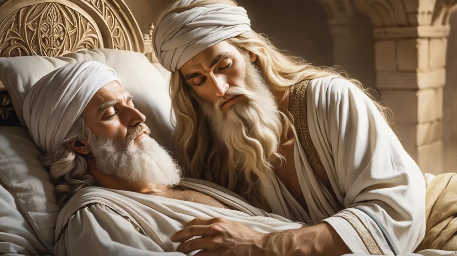 epoque biblique, un très bel hébreu blond aux yeux clairs, très long et beaux cheveux, turban blanc sur la tête, longue barbe, est assis sur le lit d'un vieillard endormi