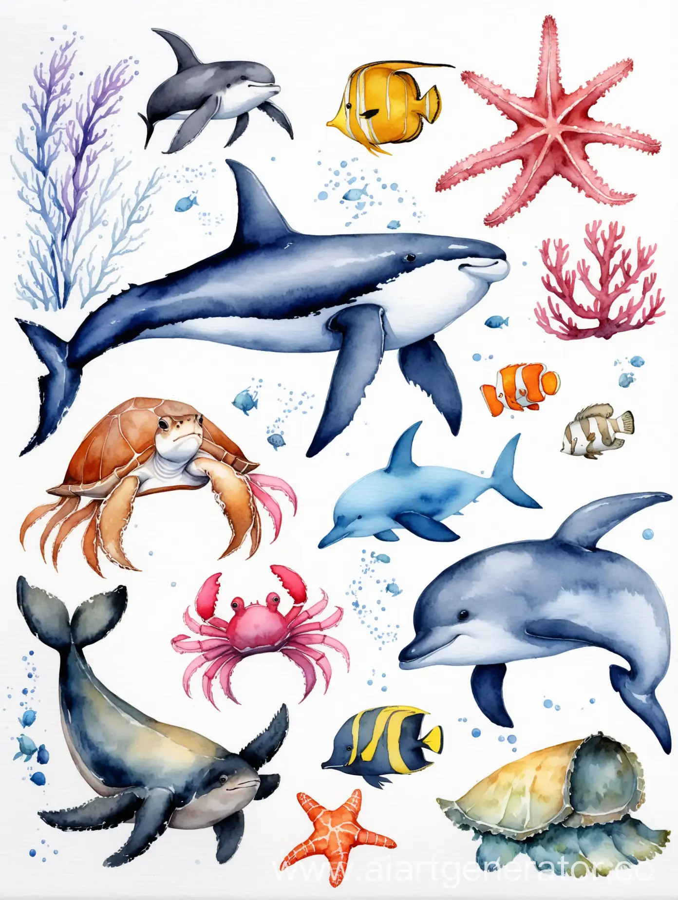 Vibrant-Watercolor-Illustration-of-Diverse-Marine-Creatures