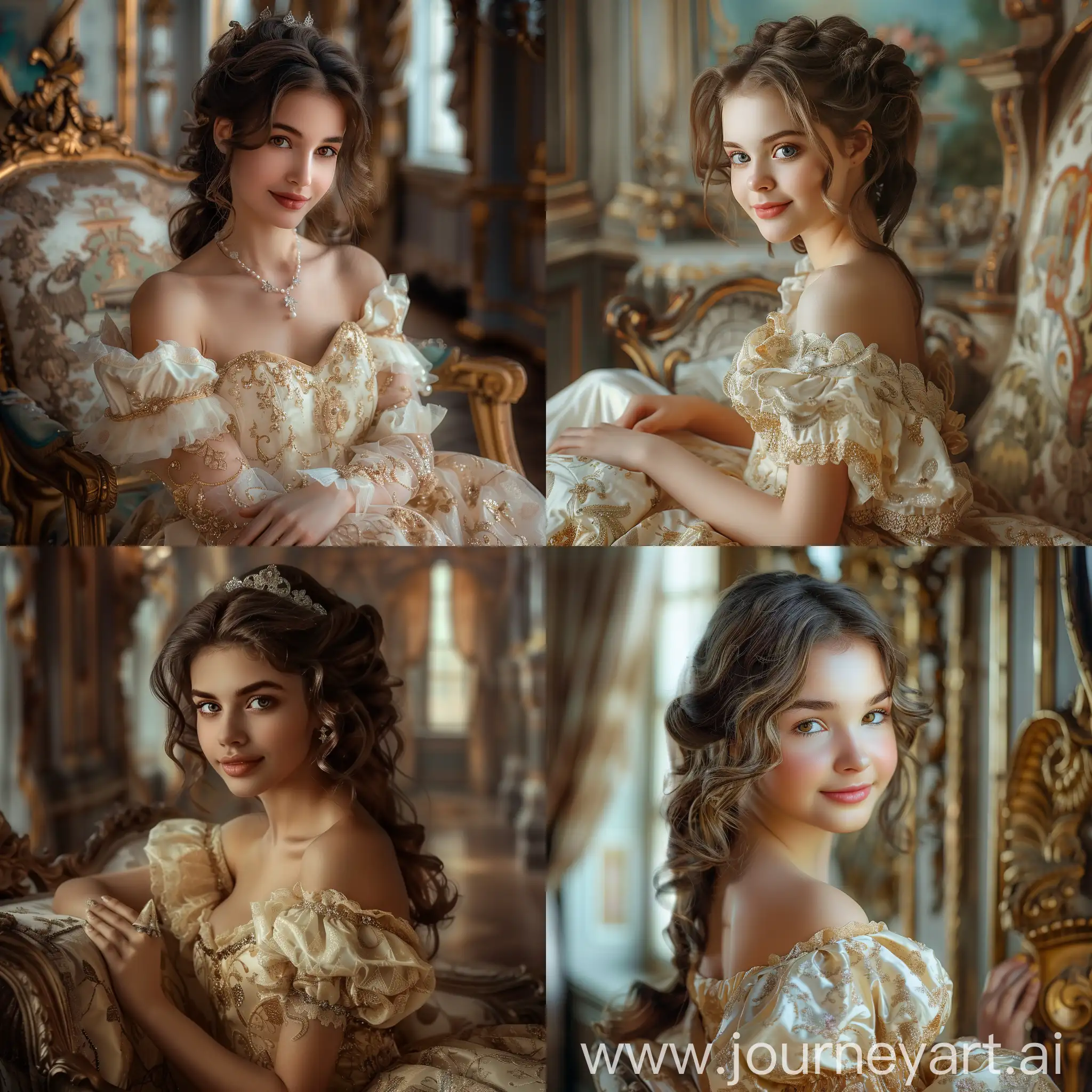 A very real photo of a very beautiful girl, wearing a royal princess dress, (perfuming pose), in a beautiful royal house, perfect pose for photography, a masterpiece of quality and beauty, royal style hairstyle, studio shot, calm smile, beautiful