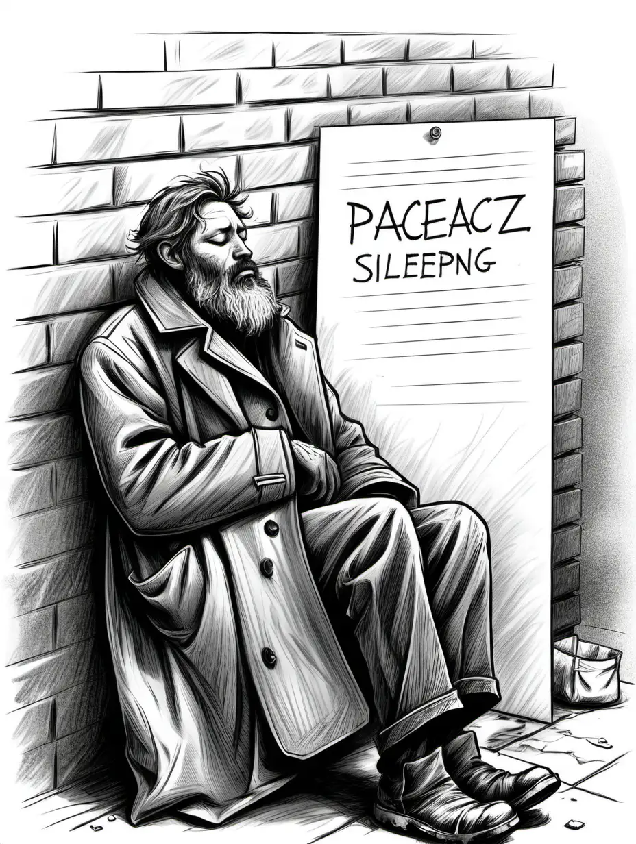Dirty Homeless man with beard wearing overcoat sleeping next to placard, black and white sketch