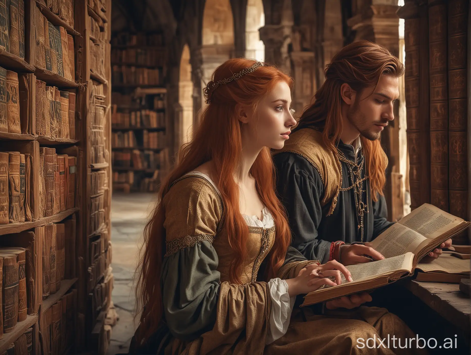 A beautiful girl with long red hair in a (((medieval)))) dress and a handsome guy with not long light brown hair in (((medieval ))) nice clothes, sit, engrossed in reading an old ancient folio, in an ancient library amidst many ancient books