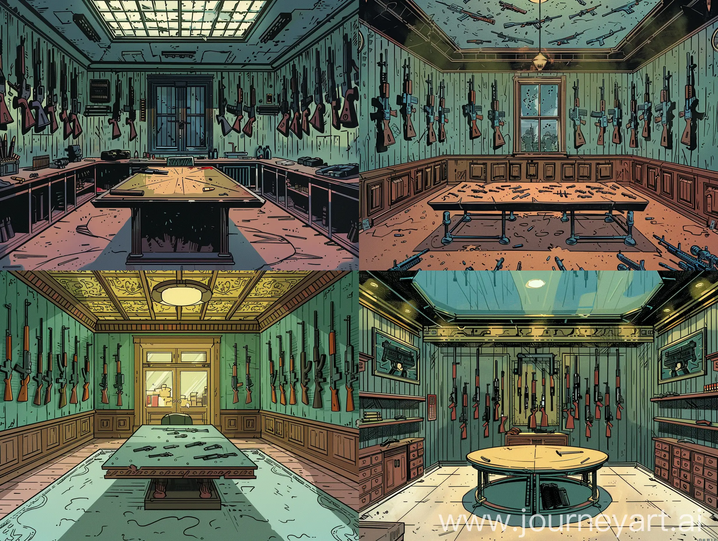 a room with guns on the walls, and a large table in the center, in the style of vintage comics