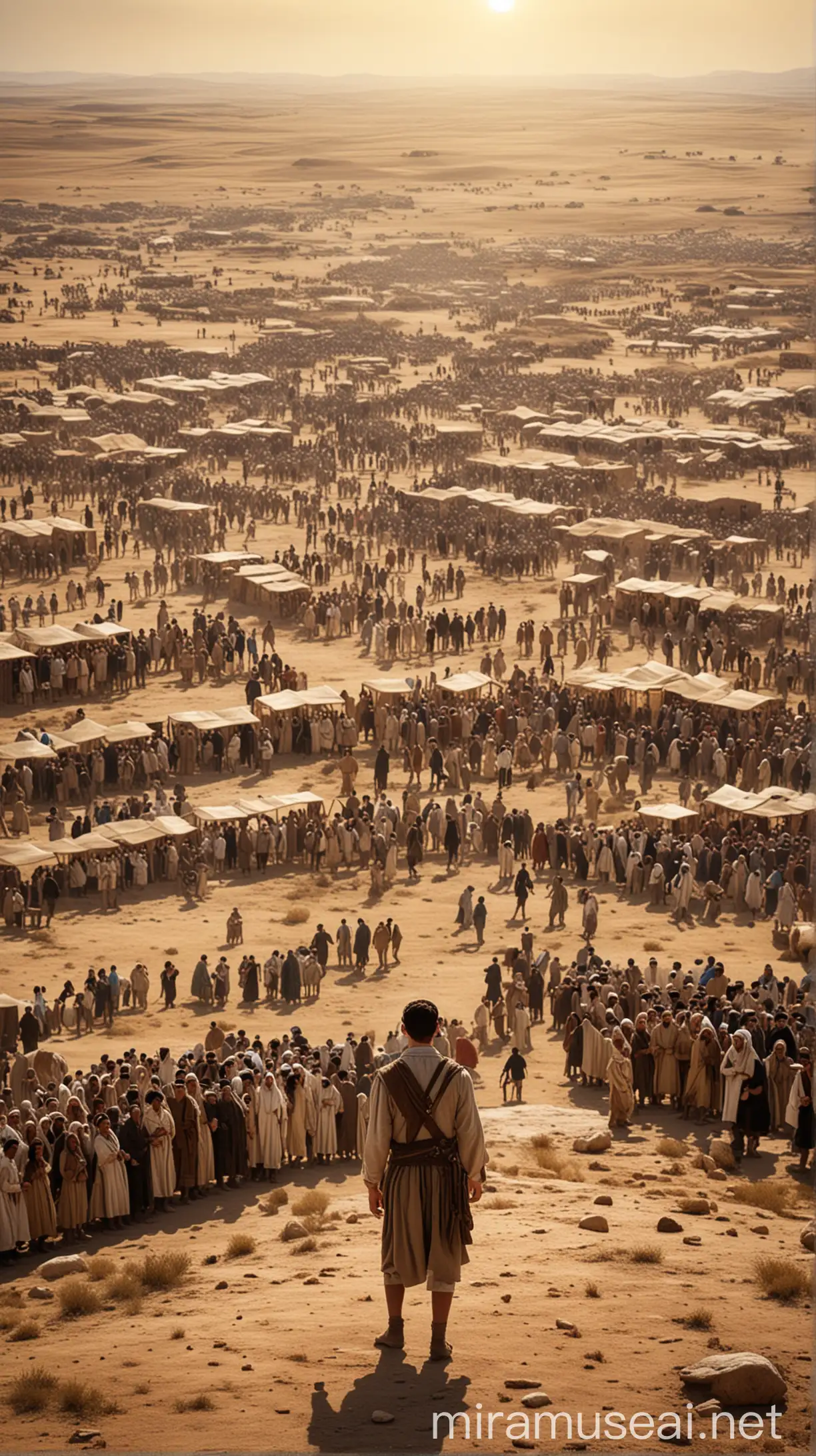 A young Jewish man in the middle of vast land surrounded by people in ancient world  