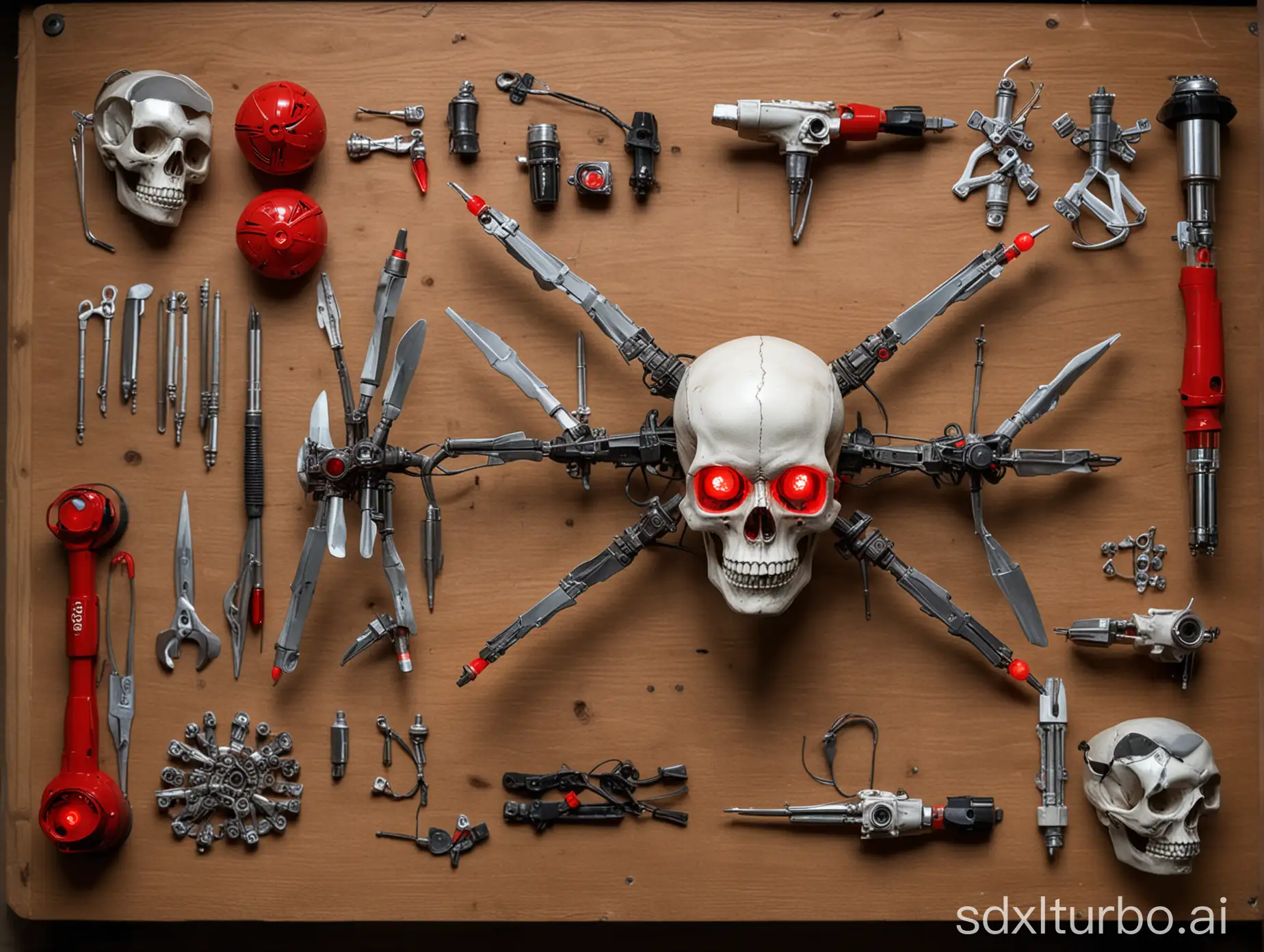 metal drone made of human skull on the workbench, 2 glowing red bulbs instead of eyes, 4 propellers, electric wires, multiple tools, view from above