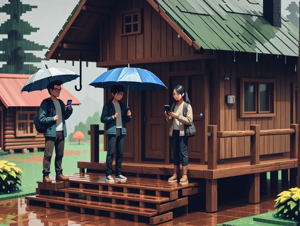 The image depicts two pixelated individuals standing in front of a wooden house. The person on the left holds an umbrella and a mobile device, while the person on the right grasps a metal railing. The scene exudes a rustic and traditional ambiance, suggesting a residential setting.