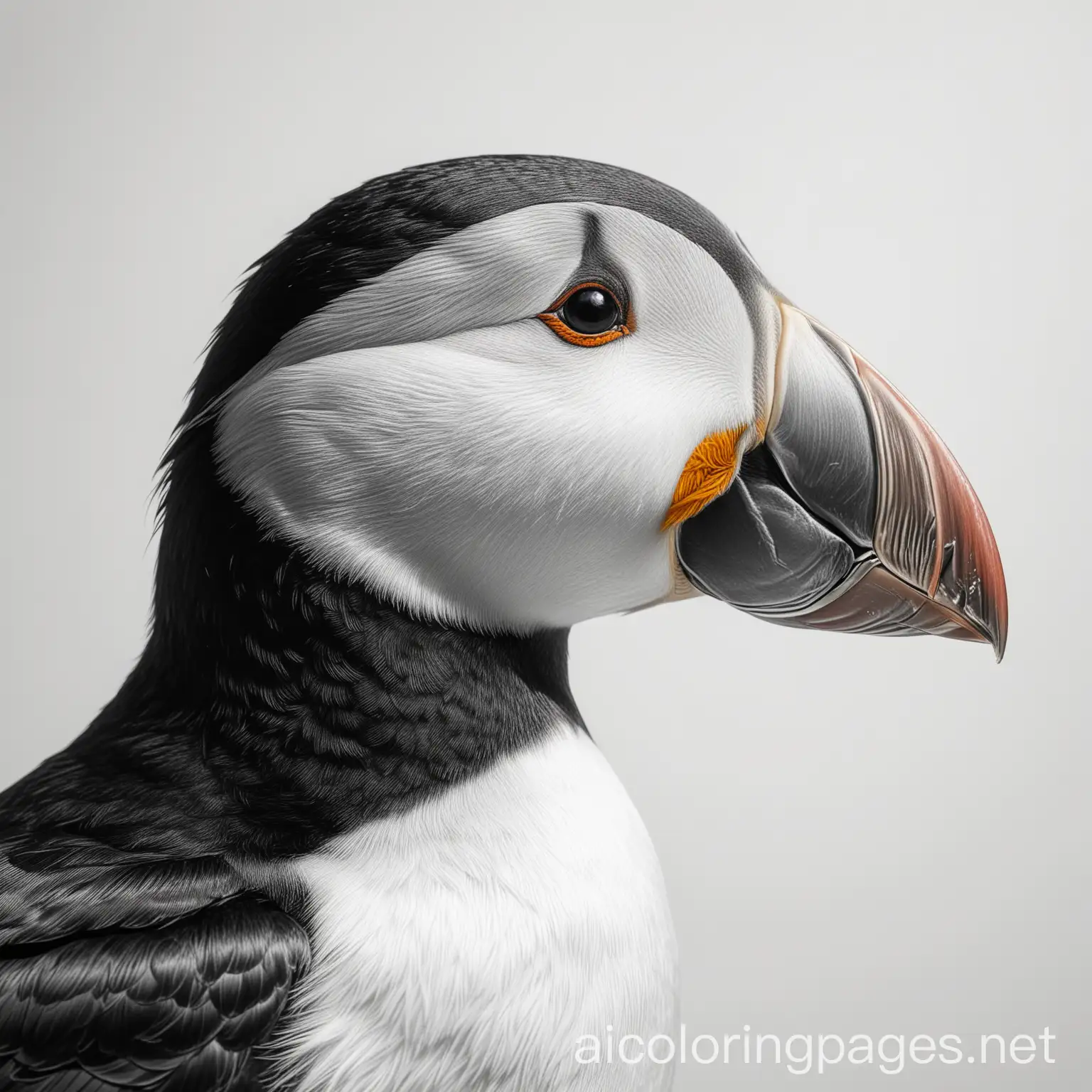 a puffin face profile mirrored, Coloring Page, black and white, line art, white background, Simplicity, Ample White Space