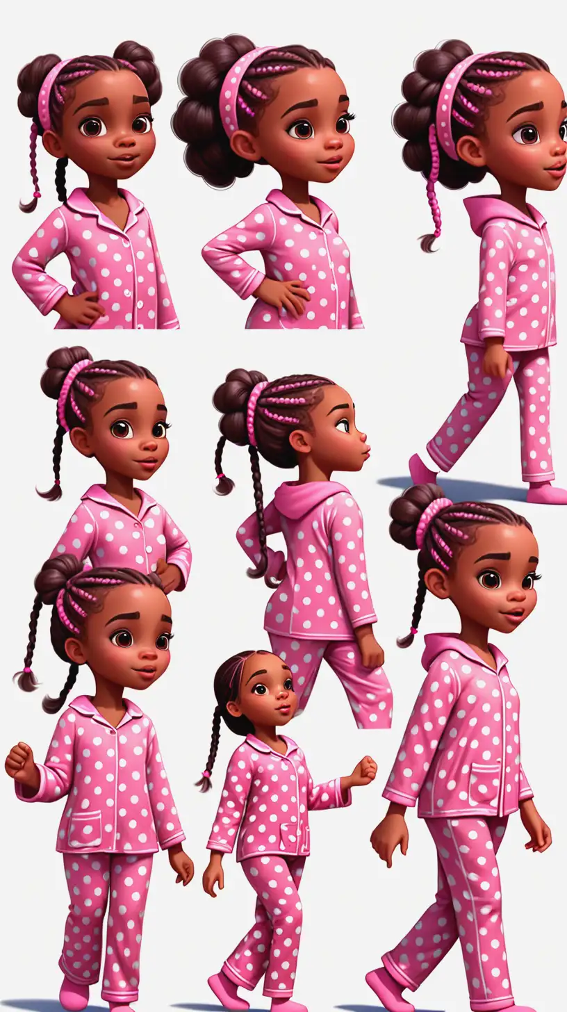African American Girl in Pink Polka Dot Pajamas Walking Poses