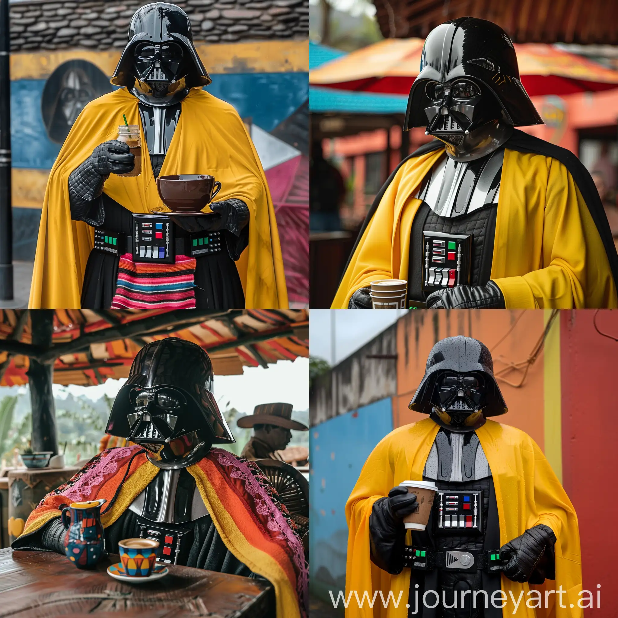 Darth Vader wearing Colombian Colors in Colombia drinking Juan Veldez Coffee 
