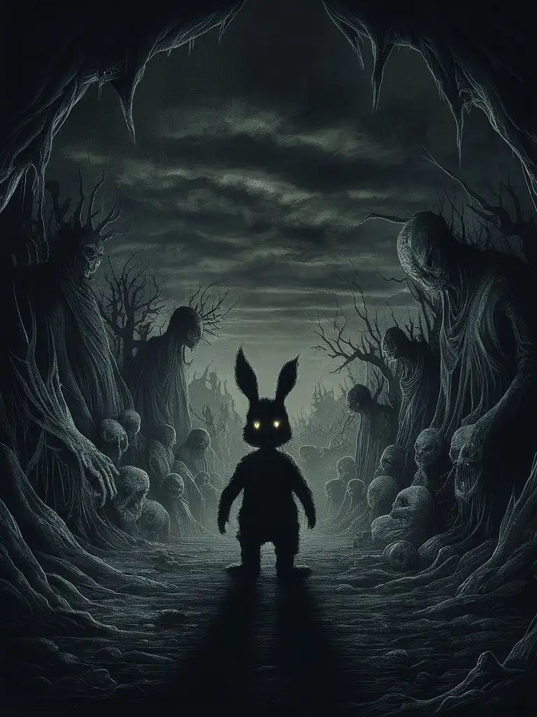 "Generate a chilling scene of desolation and decay, where shadows loom large and despair hangs heavy in the air. Picture a forsaken roger rabbit shadow with big glowing eyes shrouded in perpetual darkness, where twisted forms and jagged edges evoke feelings of unease and dread. Populate the scene with haunting figures or grotesque creatures, their features distorted and menacing. Amplify the sense of isolation and hopelessness, with no signs of life or salvation in sight. Embrace the darkness and delve deep into the abyss of fear and discomfort."