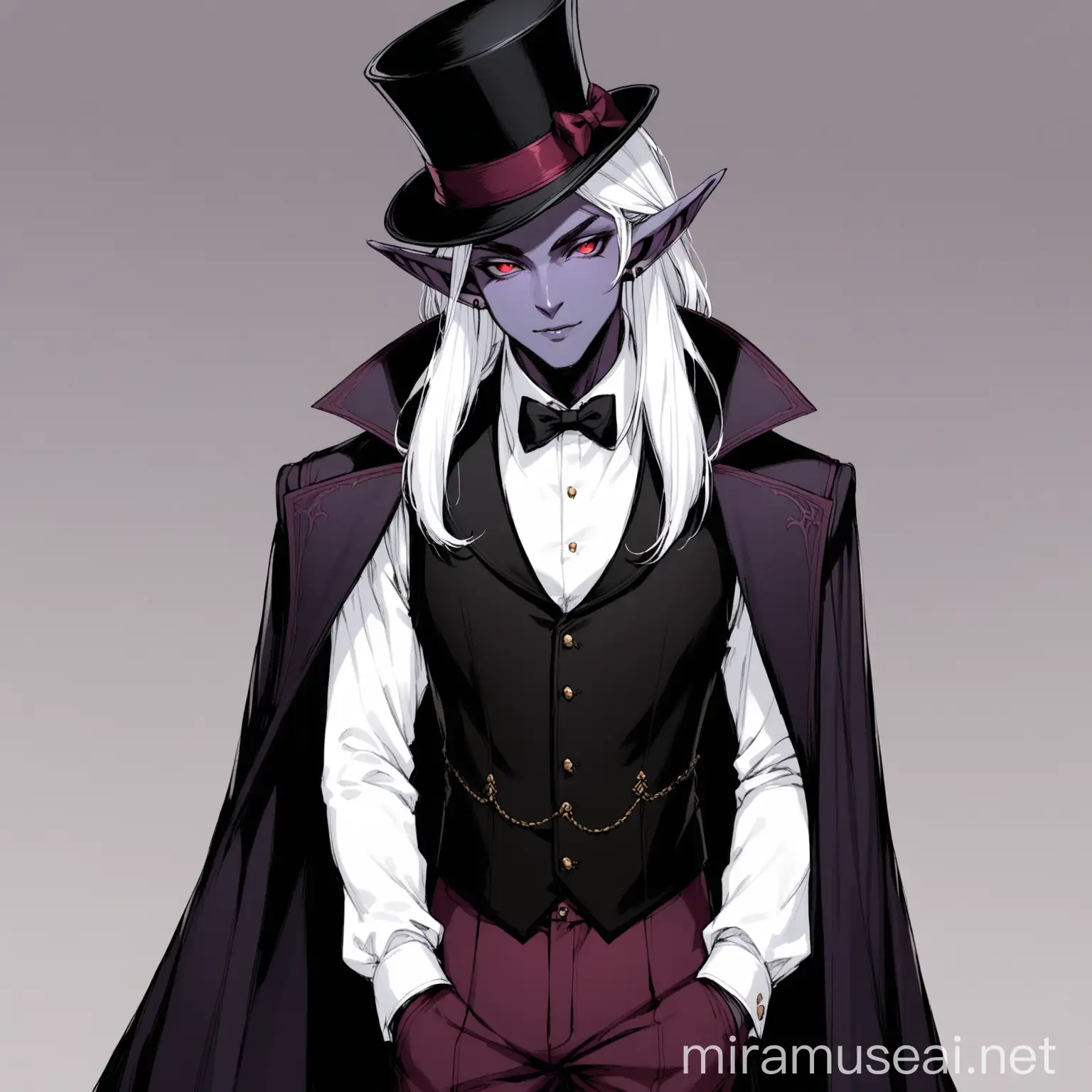 An adult male, a dark elf drow with pale purple skin, dressed in a black overcoat with a vest, a white shirt, with classic burgundy trousers. He has long white hair and red eyes. He wears a top hat on his head.