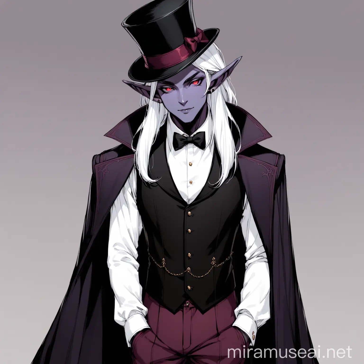 Elegant Dark Elf Drow in Top Hat and Overcoat