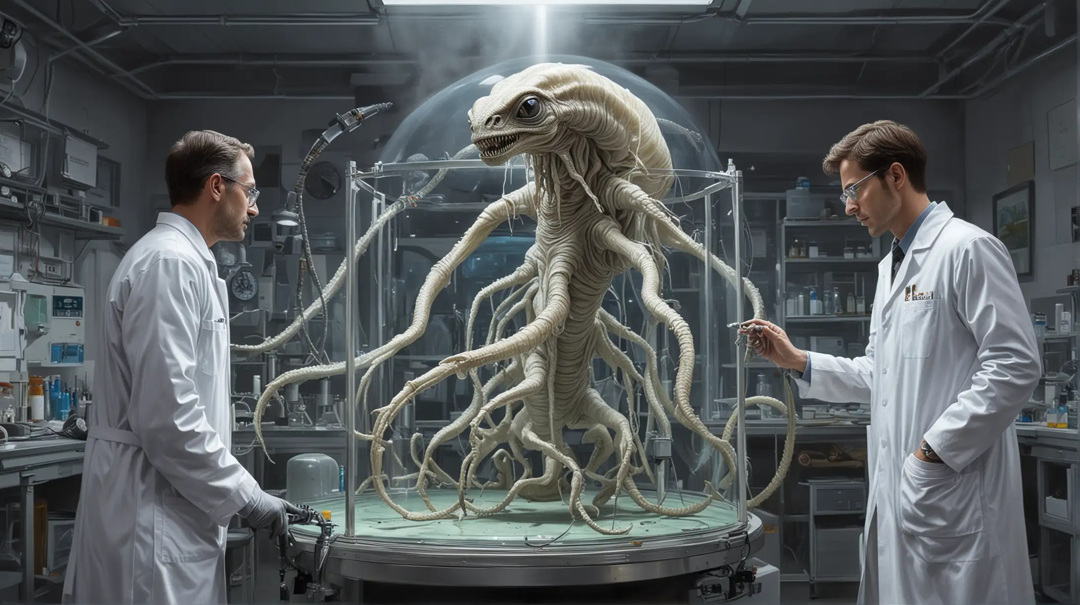 Highly detailed painting of two scientists in white lab coats observing an alien creature tied to a laboratory stand, high photographic quality.