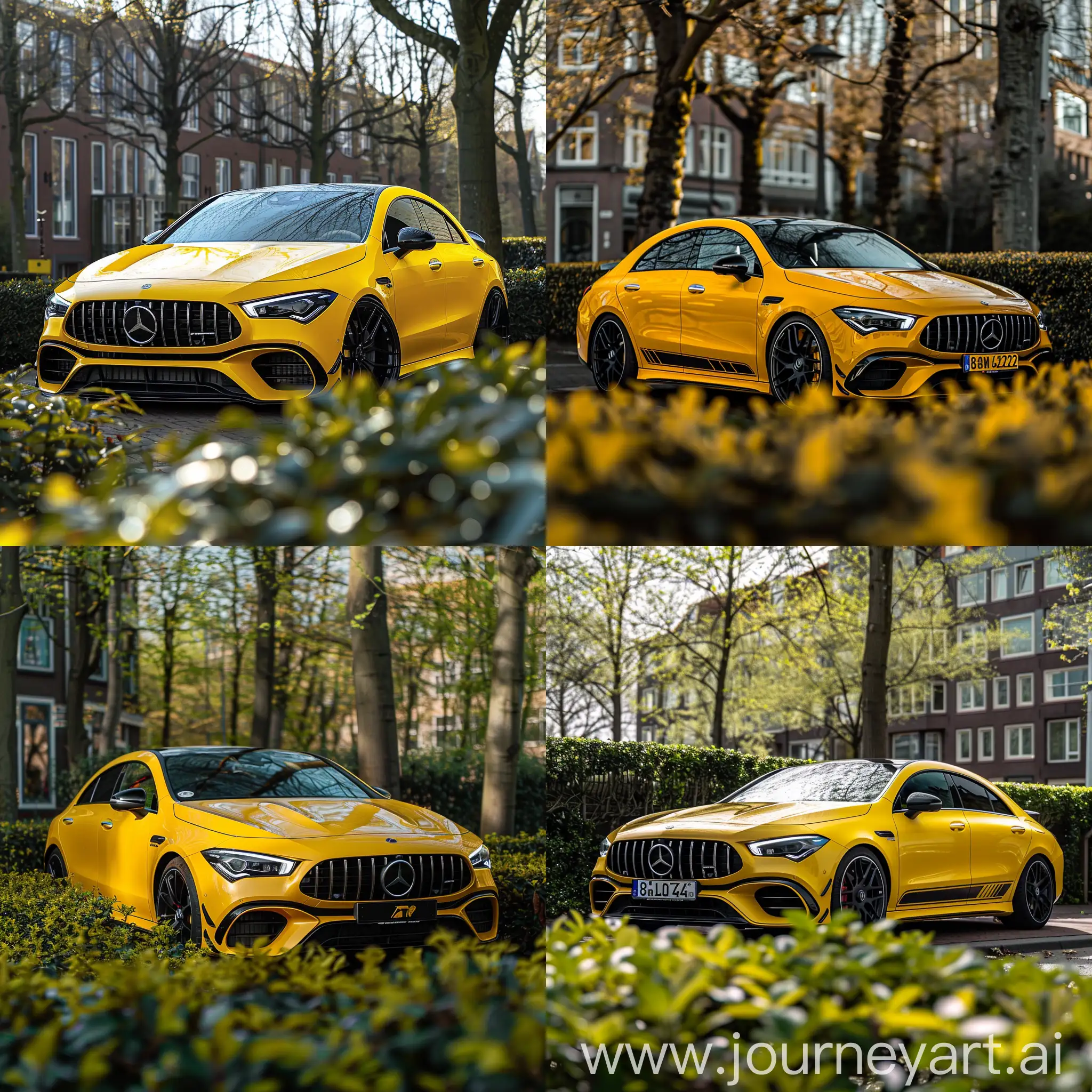 Realistic style Mercedes amg cla45 2022 in geel met zwarte velgen gespot in Rotterdam in bosjes in lente met bladeren 8k Snapchat style Instagram style wallpaper realistic sharp focus 