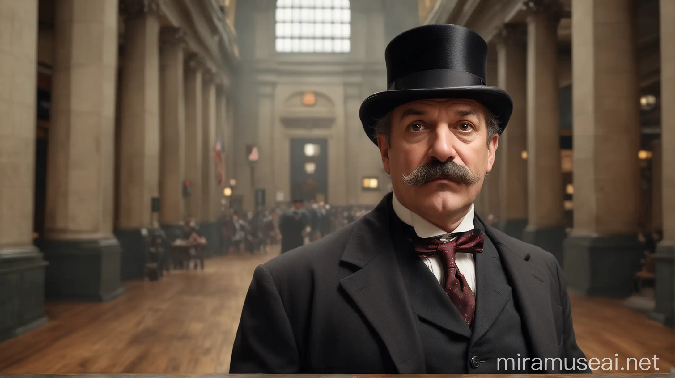 create a cinematic hyperrealistic image of a 1920's banker with a handlebar moustache and a top hat standing on the floor of the new york stock exchange. He is 60 years old, slightly overweight with grey facial hair.  He looks confident and at the height of his powers.  He has a stren expression on his face.
