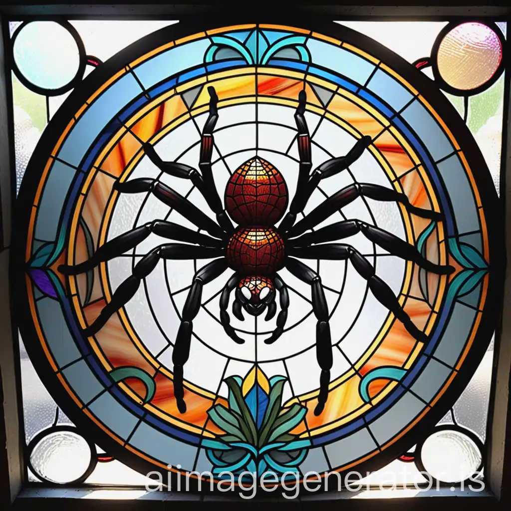 image of a round stained glass window representing a tarantula made in mosaic with an art nuveau style