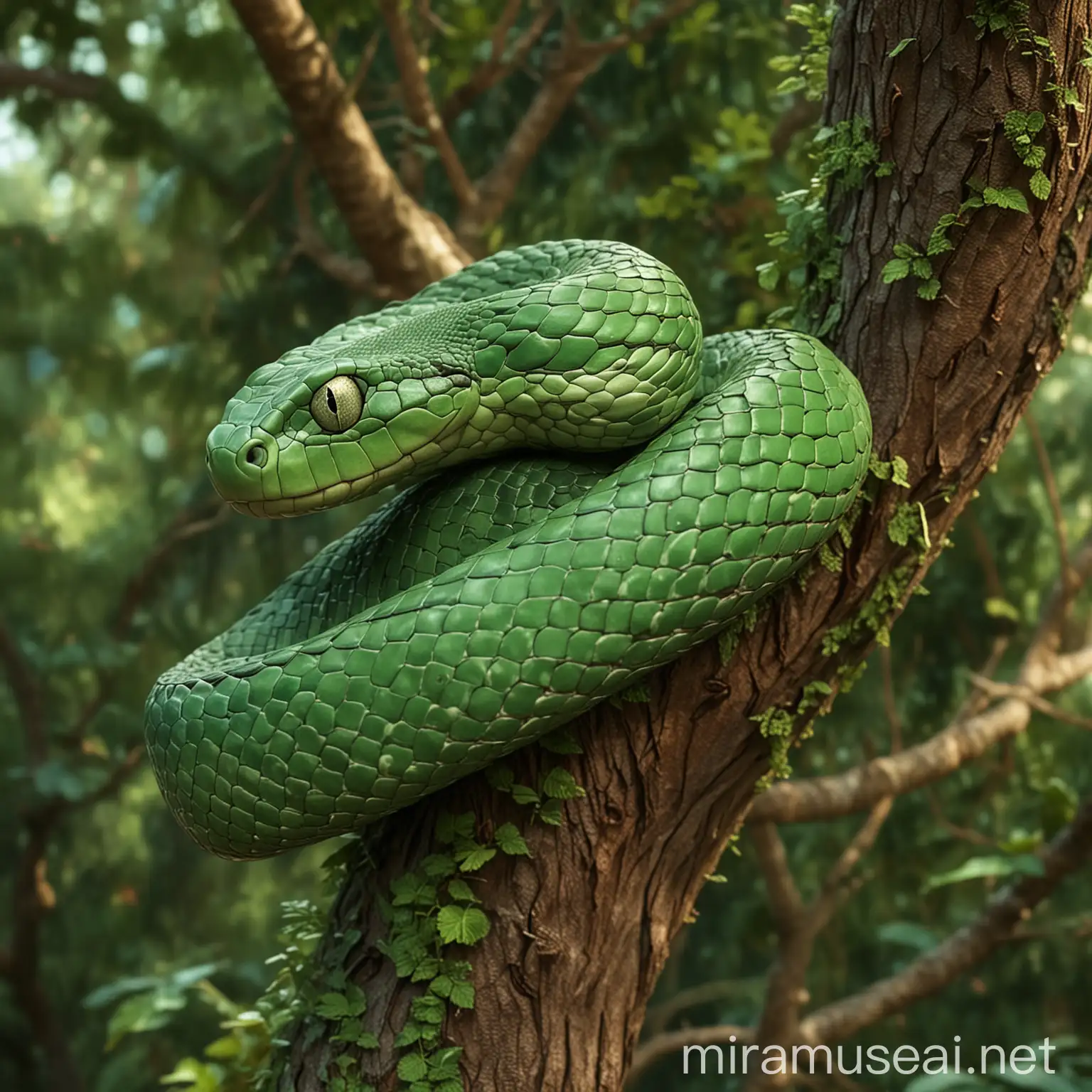 A green snake is coiled at the top of the tree，disney pixar style