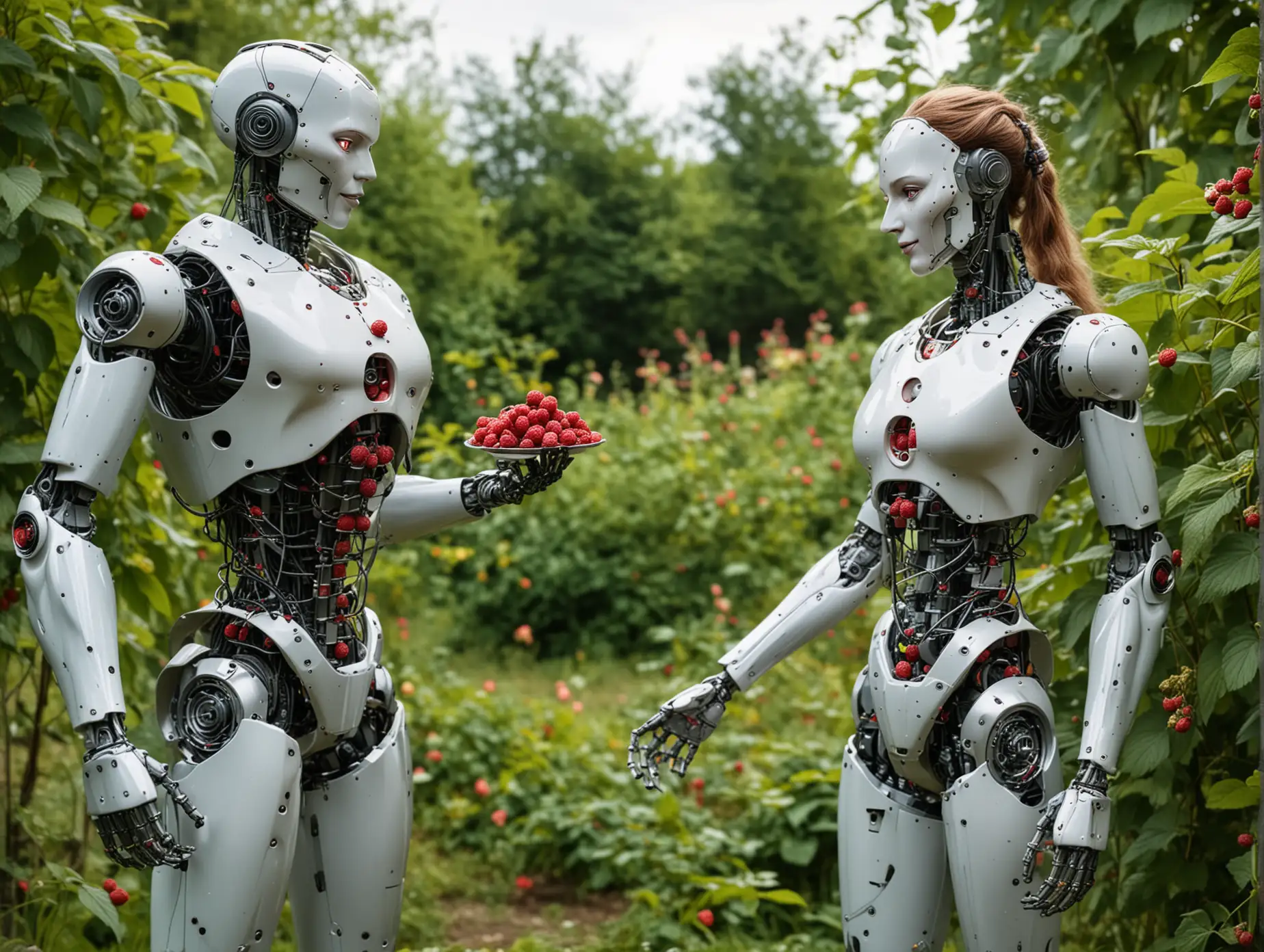 Робот мужского и робот женского пола собирают малину в саду