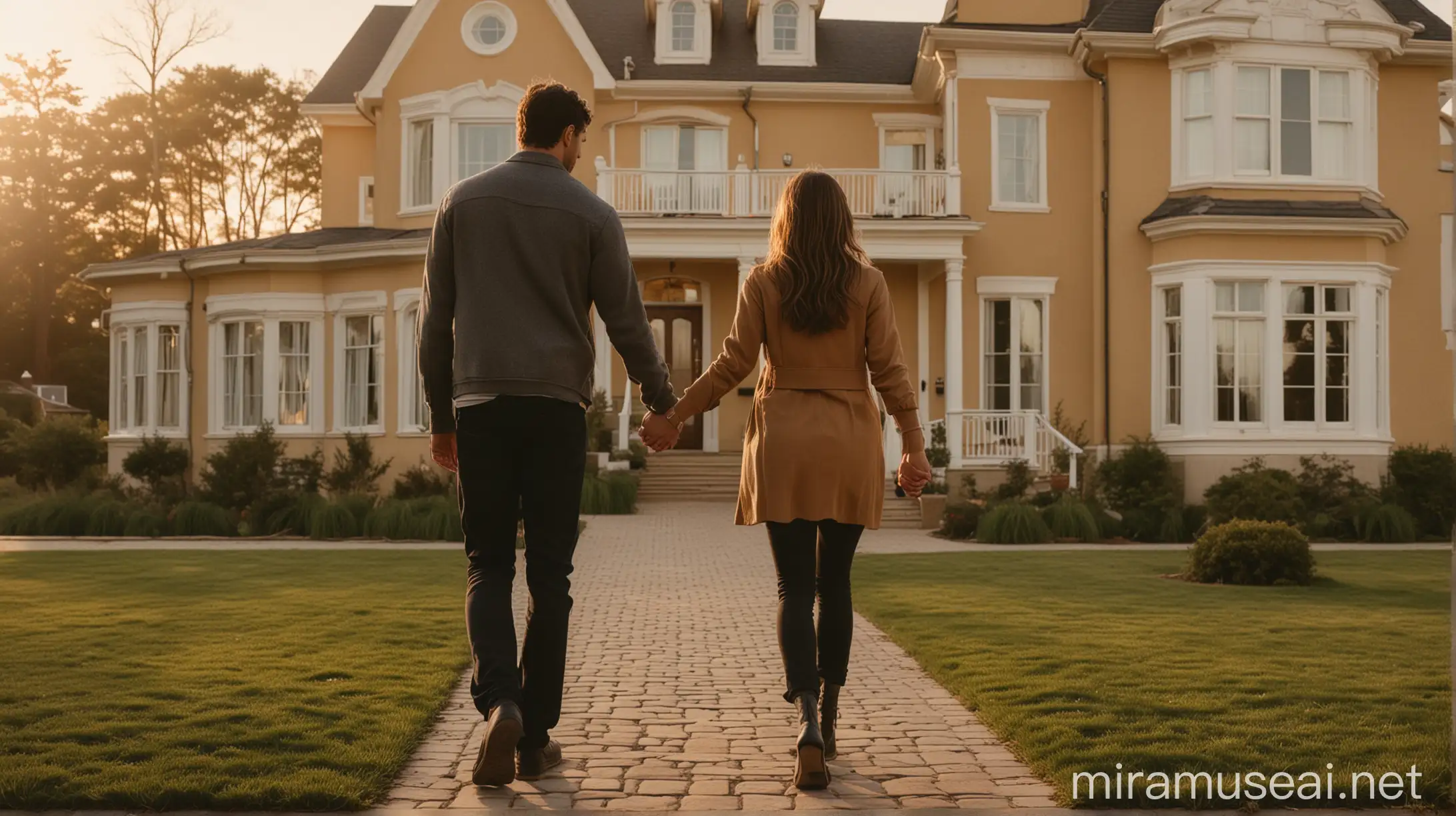 Romantic Couple Holding Hands in Front of Dream House at Golden Hour