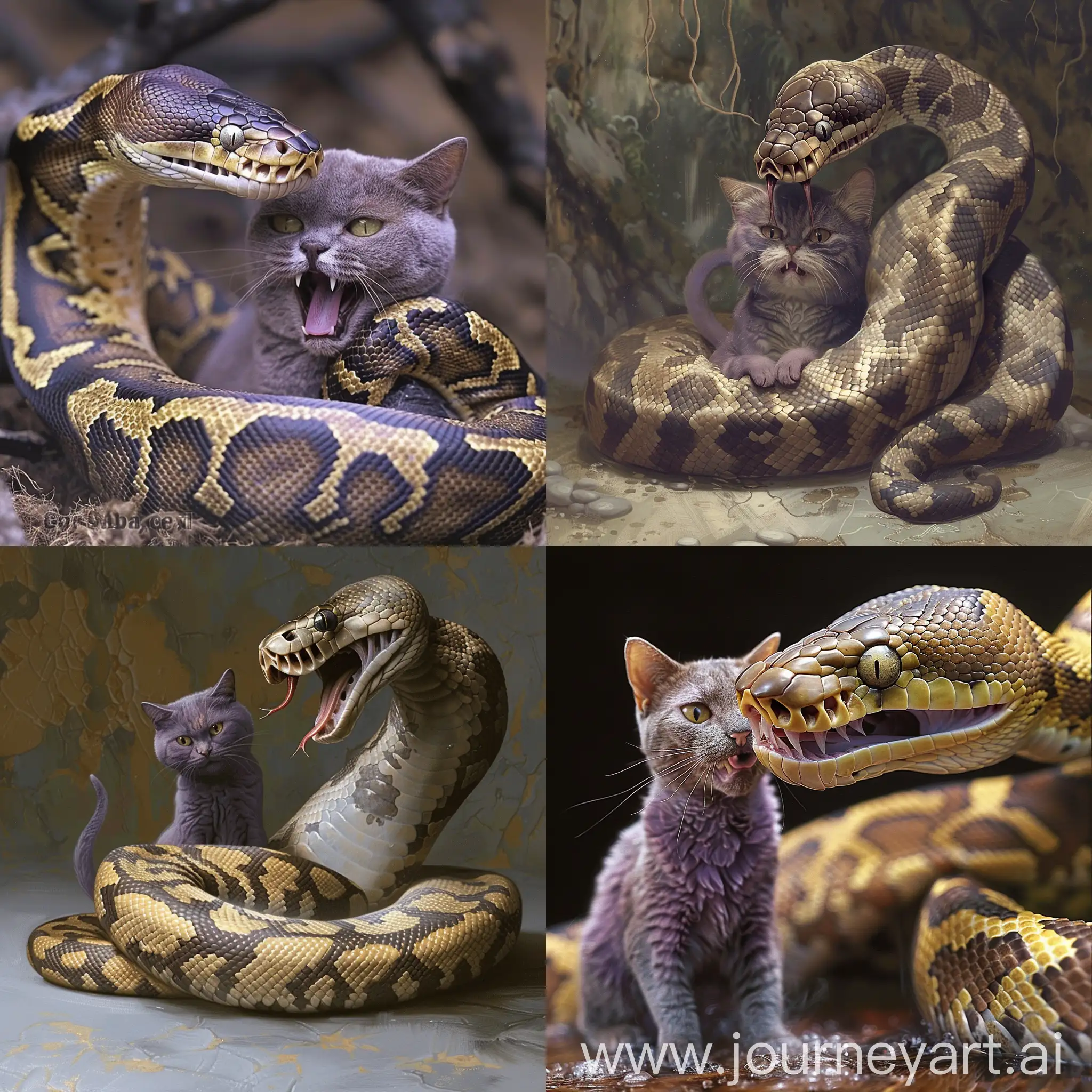 a snake python with an aggressive expression, squeezing a cat that is purple and crying from suffocation