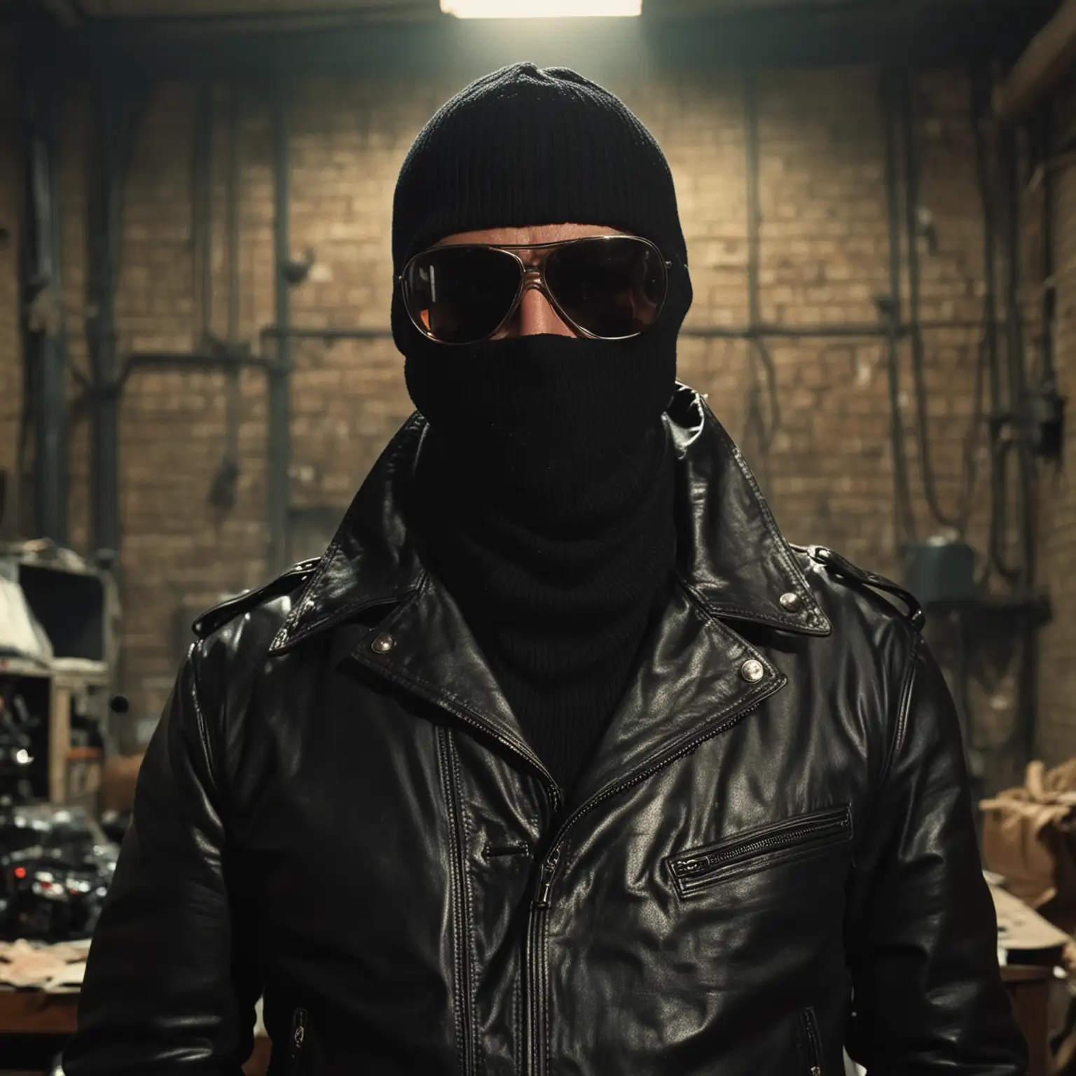 private detective, angry, balaclava, sunglasses, leather jacket, 70s crime film,  dark warehouse, Super Panavision 70, gun pointed at screen
