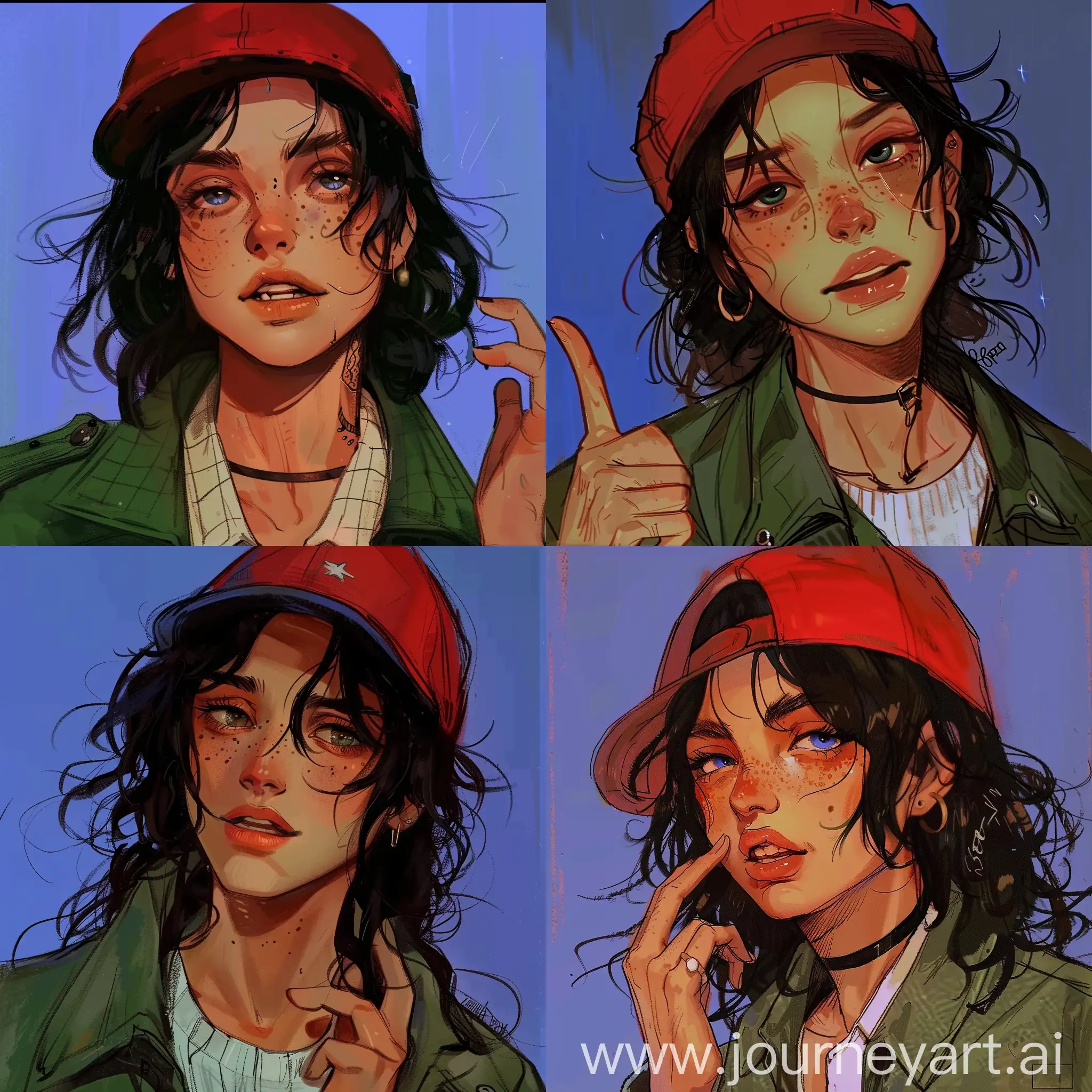 Young-Girl-with-Curly-Hair-Brown-Skin-Freckles-and-Heterochromia-in-Green-Jacket-and-Red-Cap