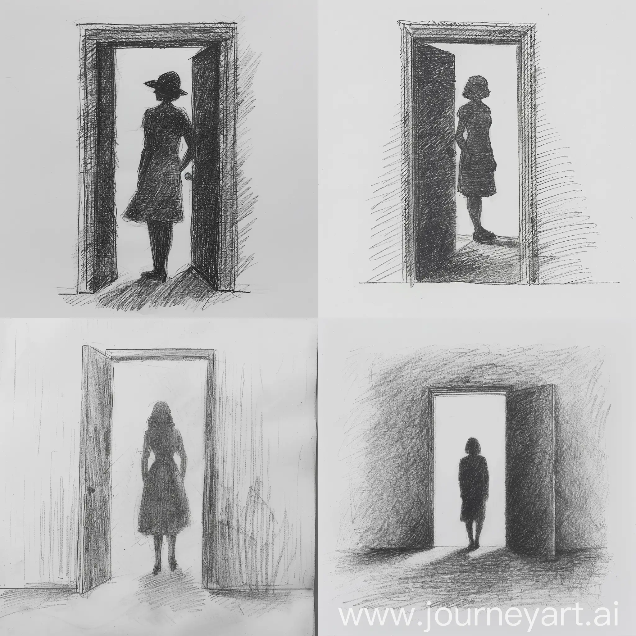 a pencil sketch of the silhouette of a woman stood in a door frame