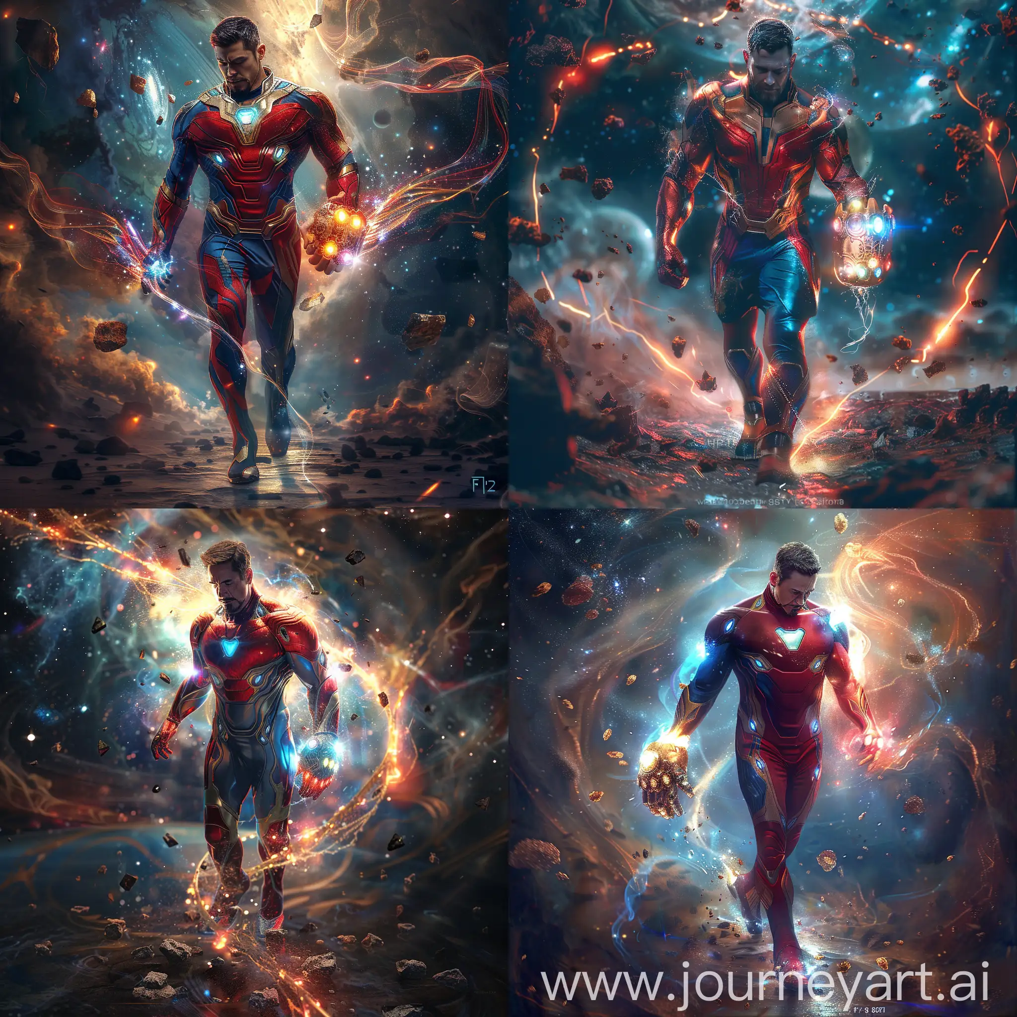 A man in a red and blue superhero costume walking in space, holding Thanos' gauntlet, highly detailed, epic, dramatic, striking pose, muscular physique, intricate costume details, glowing stones on the gauntlet, swirling cosmic background, glowing energy effects, hyper-realistic, volumetric lighting, dramatic shadows, cinematic framing, cinematic lighting, photorealistic, f/1.2, 85mm, Sony FE, 8K