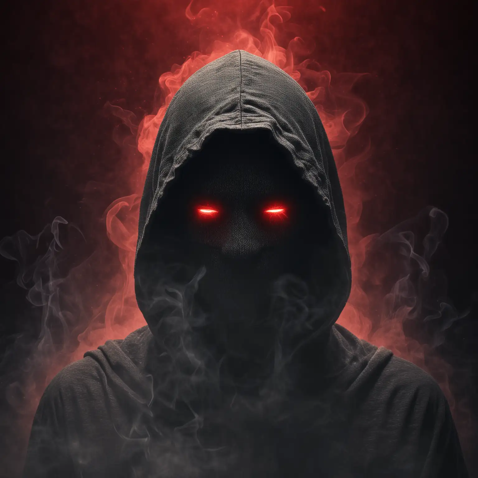 Enigmatic Figure with Hooded Silhouette and Glowing Red Eyes in Smoky Ambiance