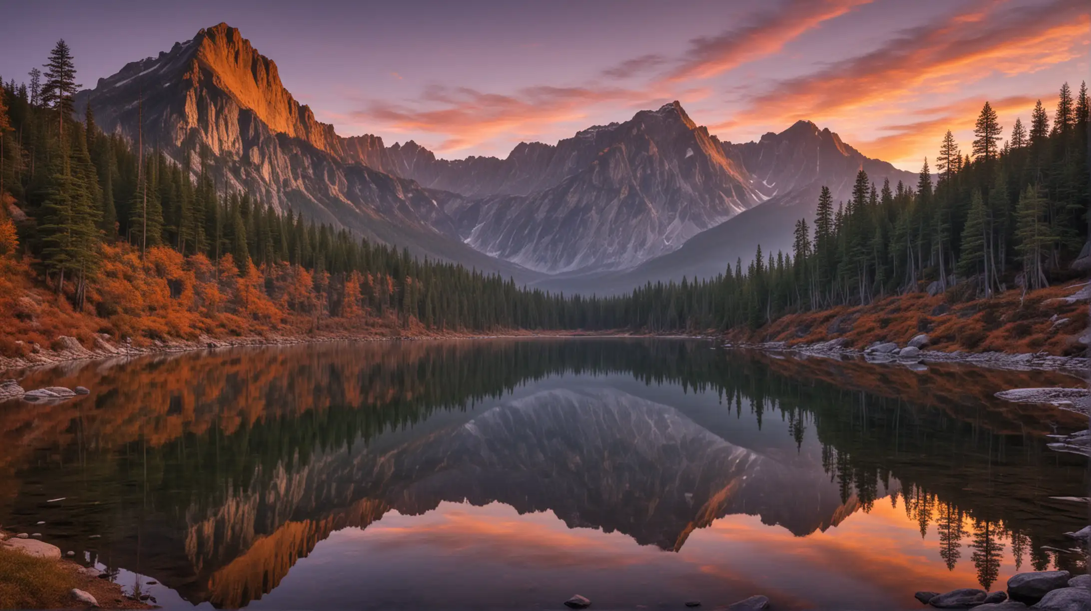 a panoramic view of a vast mountain range at sunrise, where the sky is painted with hues of deep orange, purple, and gold. The foreground shows a serene lake reflecting the majestic peaks, surrounded by lush green pine forests. In the center of this scene, there's a solitary figure standing on a rocky outcrop, silhouetted against the colorful sky, capturing the breathtaking moment with a camera. The atmosphere is filled with a sense of awe, adventure, and the promise of epic experiences waiting to be explored.