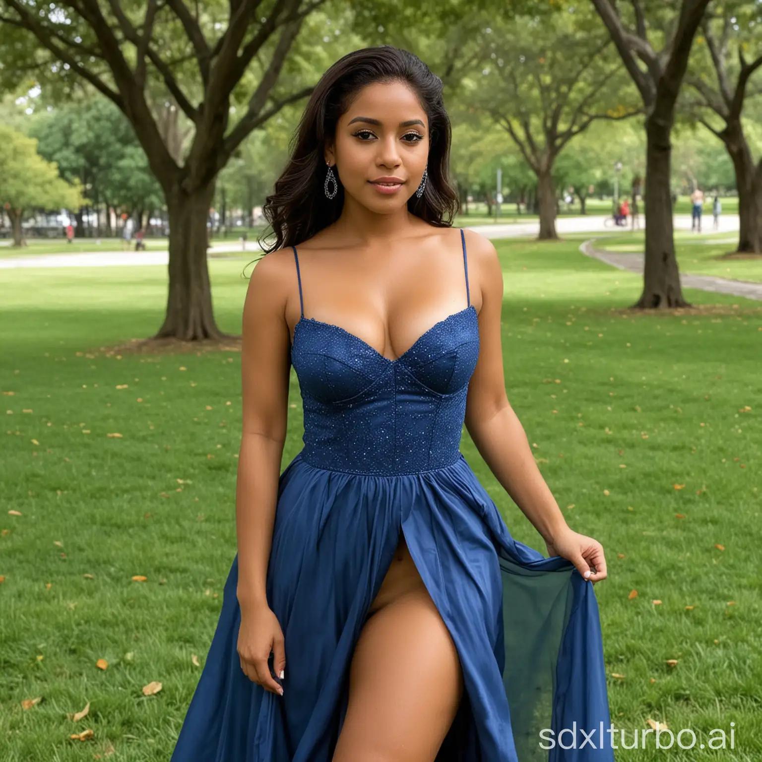 Dominican-Sexy-Lady-in-Blue-Gown-with-Firm-Breasts-Enjoying-Park-Stroll