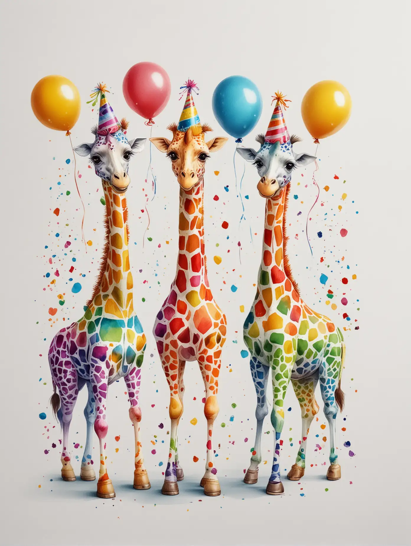 Cartoon Giraffes Birthday Party Celebration on White Background