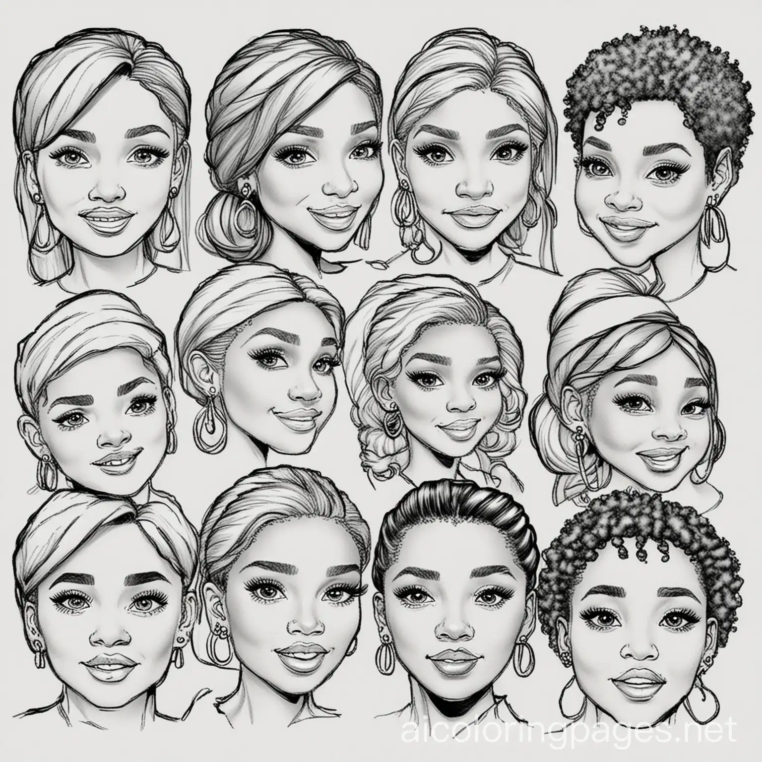 Black Celebrites face , Coloring Page, black and white, line art, white background, Simplicity, Ample White Space. The background of the coloring page is plain white to make it easy for young children to color within the lines. The outlines of all the subjects are easy to distinguish, making it simple for kids to color without too much difficulty