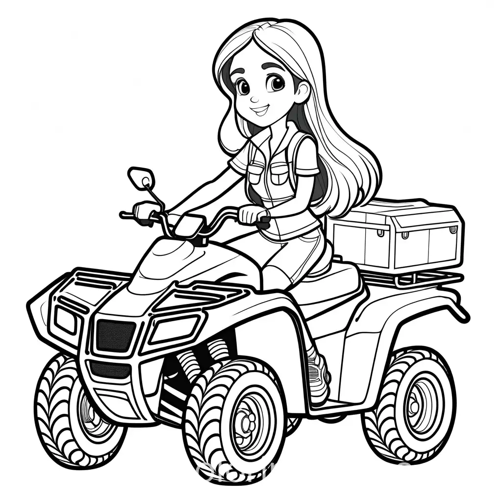 Cute happy cartoon girl with long hair wearing safari clothes driving a quad, Coloring Page, black and white, line art, white background, Simplicity, Ample White Space. The background of the coloring page is plain white to make it easy for young children to color within the lines. The outlines of all the subjects are easy to distinguish, making it simple for kids to color without too much difficulty