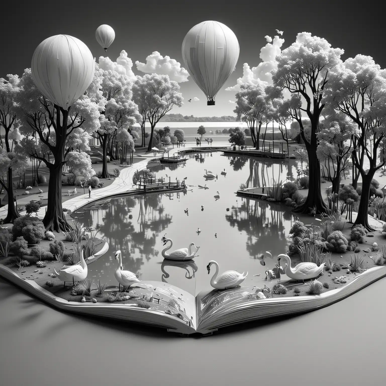 an artist creating a Pop Up Book 3D, with a park, a lake with swans, a baloon on the sky, black and white