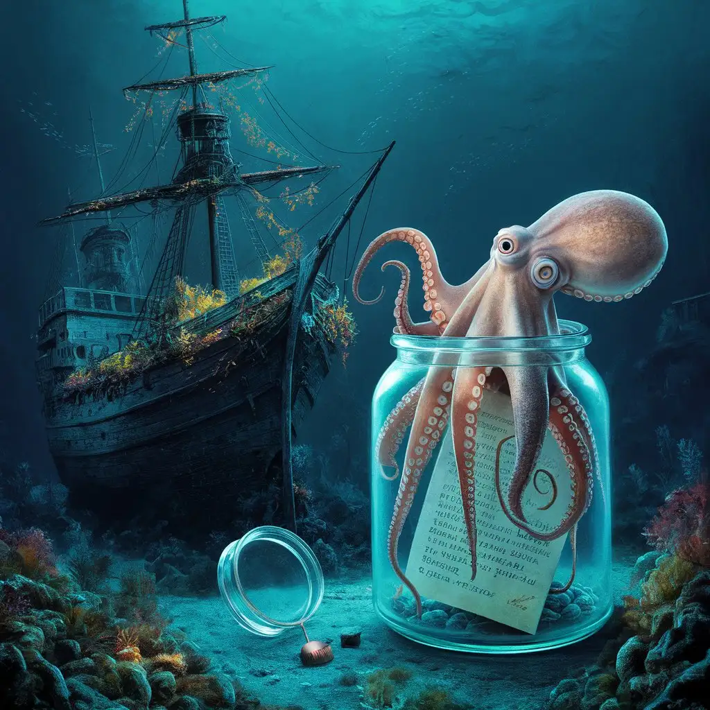 A realistic, beautiful photo of magic and mystery depicting a fascinating scene on the bottom of the ocean, where the main beautiful element is decorated with a shipwreck from the Victorian era, full of secrets and history. Next to the wreck lies a transparent jar in which a large beautiful octopus tries to fit. Her tentacles, gracefully and finesse, get out of the jar, creating an unusual sight. Inside the jar is a letter from the Victorian era. The unscrewed lid from the jar lies next to it, testifying to the intelligence and ability of the octopus to manipulate objects. Around the jar and wreckage stretches a beautiful lush diverse marine vegetation that adds color and life to this underwater scene, while also highlighting the connection to the Victorian era. This scene combines the beauty of nature, the ingenuity of animals and historical elements, creating an image full of magic and mystery.