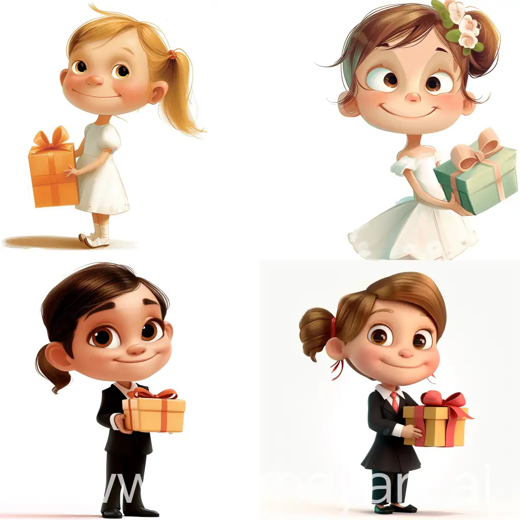Cartoons a close-up shot of a happy little girl with a gift box looking at the camera, standing tall, in formal attire, white background
