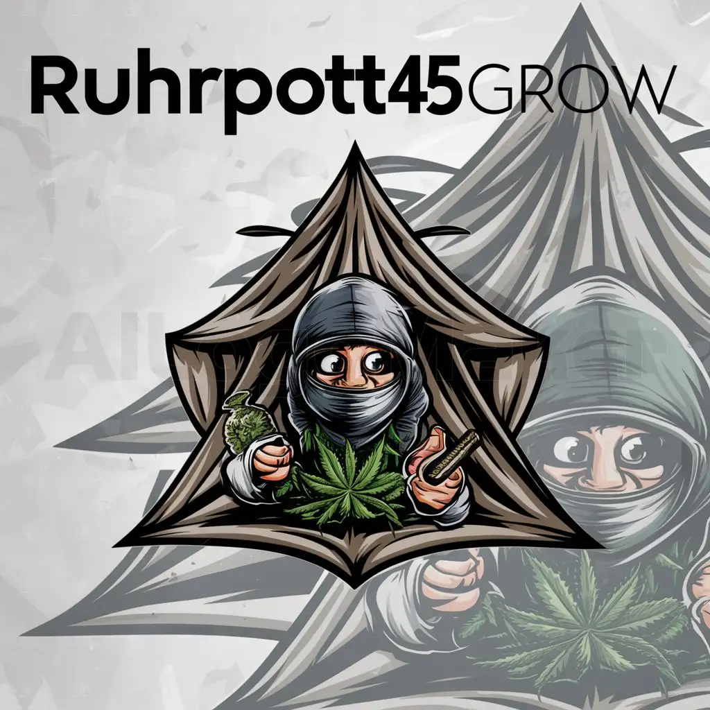 a logo design,with the text "ruhrpott45grow", main symbol:A highly detailed weed inspired background with a cartoon character wearing a balaclava holding a bag of weed and a joint in hand and He should be grow some weed in a tent,complex,be used in Others industry,clear background