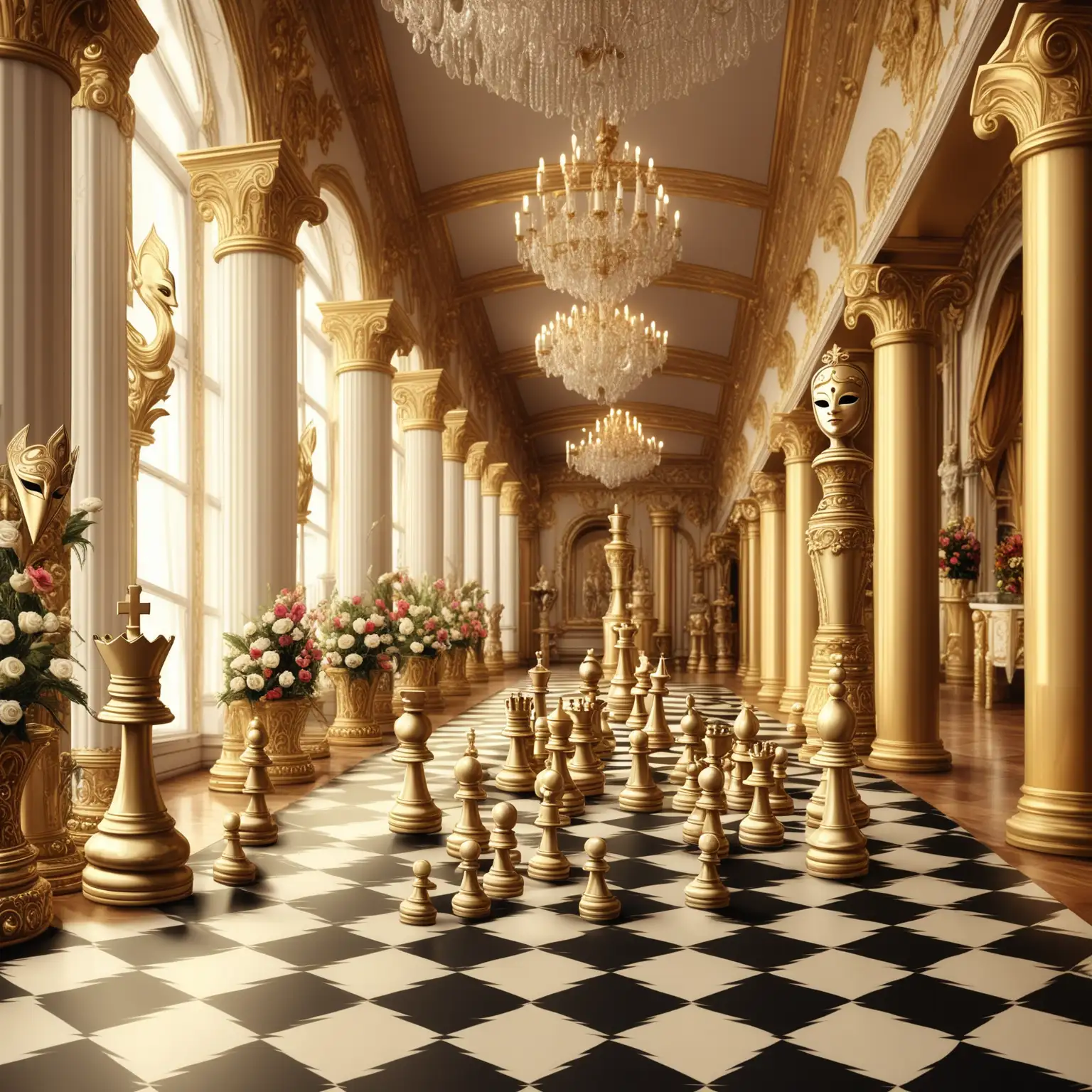 королевская золотая карнавальная маска и шахматы на фоне роскошного зала с колоннами, украшенного цветами