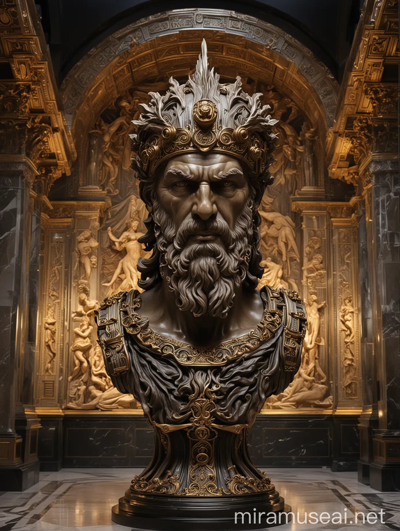 In a French Renaissance-style museum, a hyper-realistic sculpture of Zeus takes center stage. Against the backdrop of opulent surroundings, the sculpture portrays Zeus with intricate details, blending ancient Greek aesthetics with futuristic elements.

The sculpture's cybernetic helmet seamlessly integrates with Zeus's divine features, featuring carbon fiber textures with golden filigree accents. Sleek metallic accents add depth to the design, while pulsating energy conduits enhance the sculpture's dynamic presence.

As visitors approach, they are greeted by the mesmerizing sight of Zeus, exuding an aura of power and majesty. The fusion of ancient mythology and modern technology is palpable, symbolizing the timeless allure of Greek mythology in a contemporary setting.