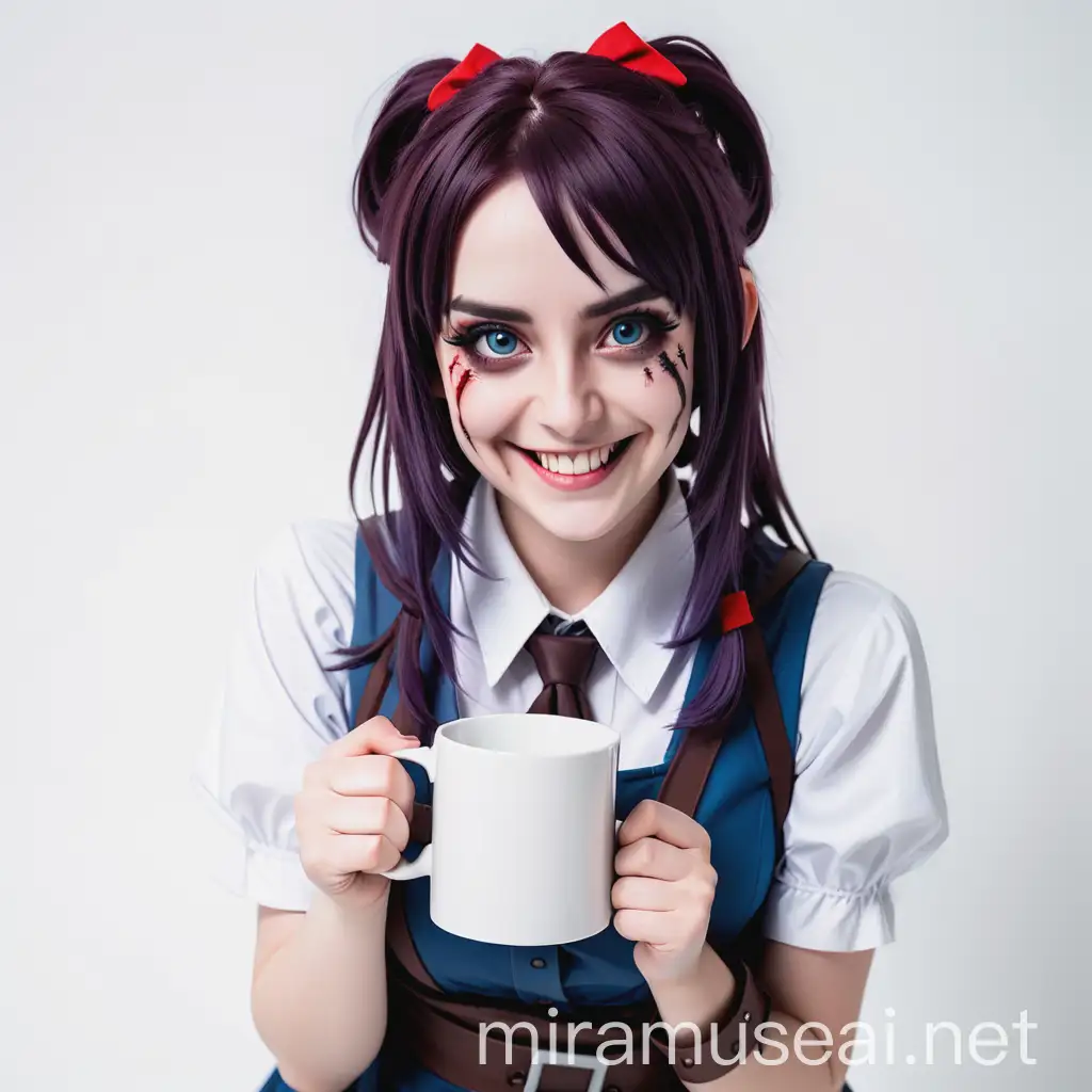 beautiful cosplay girl Matilda the Killer smiling with a square white mug on a white background