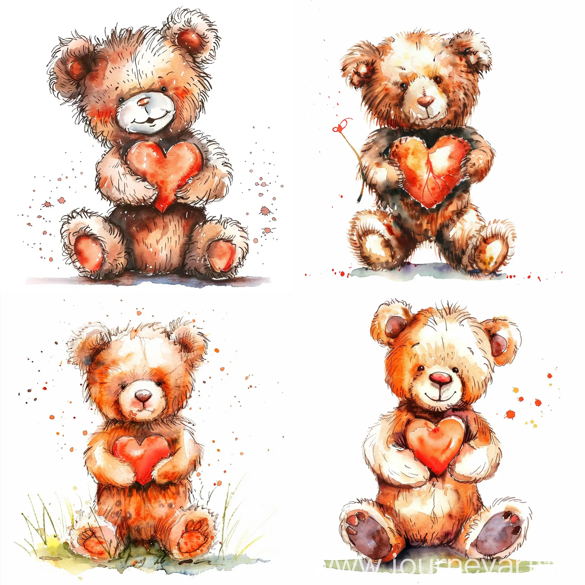 Adorable teddy bear holding a heart, watercolor clip art, vector  image, flat white background.