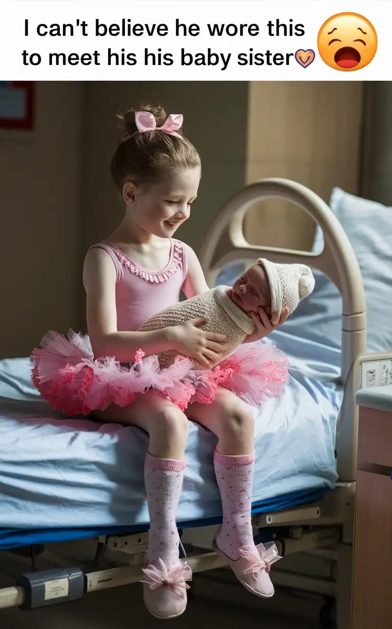 (((Gender role reversal))), Professional photography style, photograph of a sweet little 8-year-old autistic shy cute boy with short hair, the boy is sitting on a chair in a hospital room next to a bed wearing a pink leotard and frilly tutu and frilly pink socks and ribbon slippers, he is holding his newborn baby sister in a blanket and baby hat, he is smiling down at her, adorable, perfect faces, clear faces, perfect eyes, perfect noses, the photograph is captioned above “I can’t believe he wore this to meet his baby sister 😭” (include crying emoji)