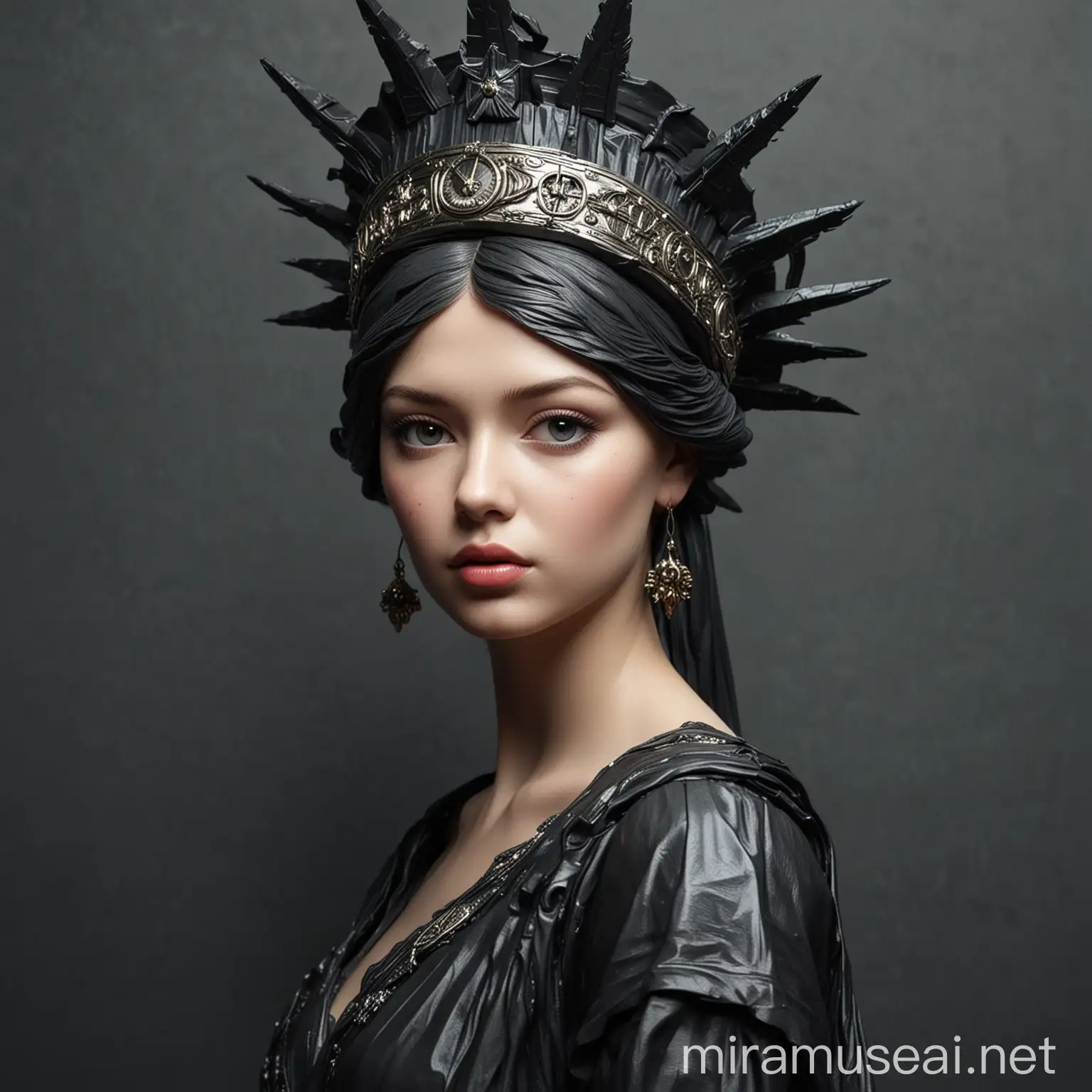 Elegant Woman in Statue of LibertyInspired Headwear on Black Background