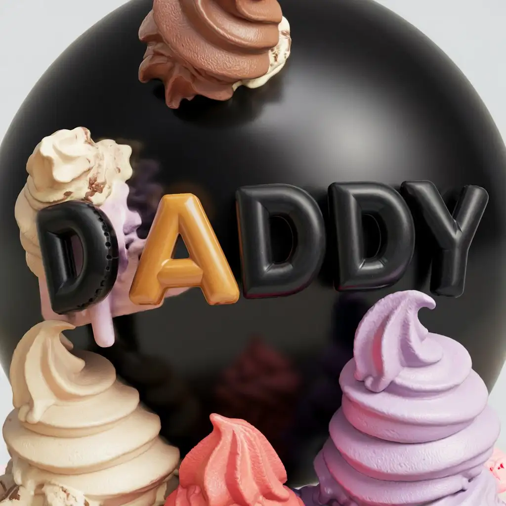 black ballon rubber letters spelling "DADDY" with soft serve ice cream all over