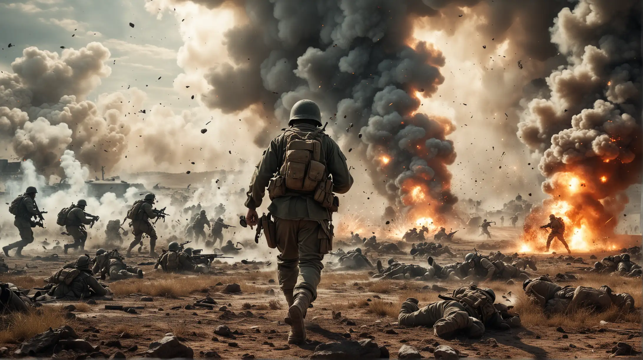 Intense Battlefield Scene with Soldiers Engaged in Combat and Explosions