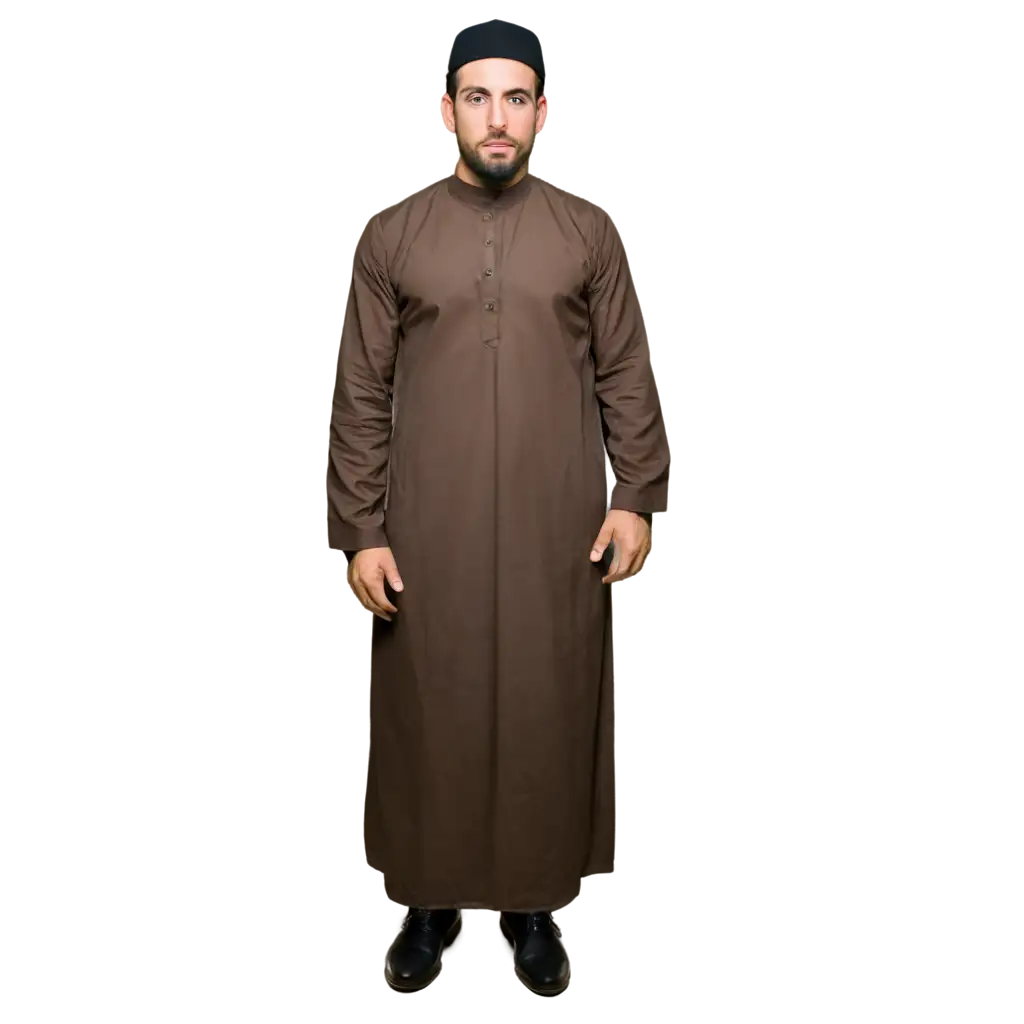 HIPERFOTOGRAFI, seorang pria (umur 30 tahun), memakai baju muslim lengkap, berdiri full body, menghadap kamera depan, tida tersenyum