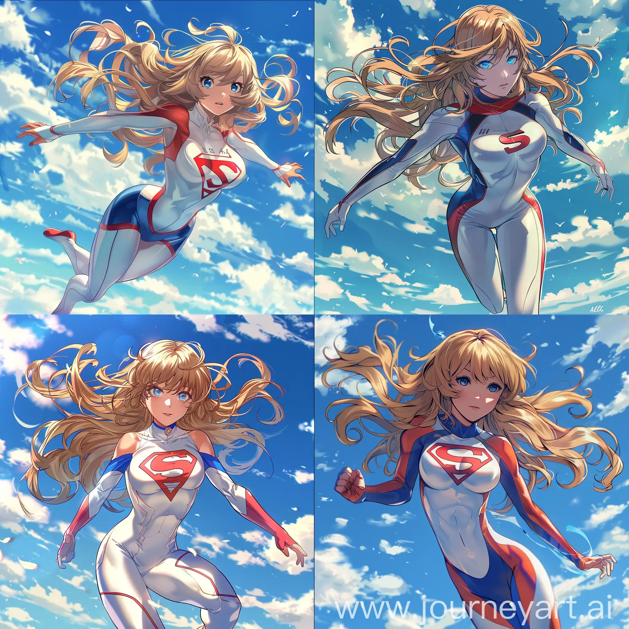 Aelda, superhero girl with wavy long blonde hair, and blue eyes, wearing a white red and blue bodysuit that has an S on the front, flying through the sky with scattered clouds in the background. Anime style