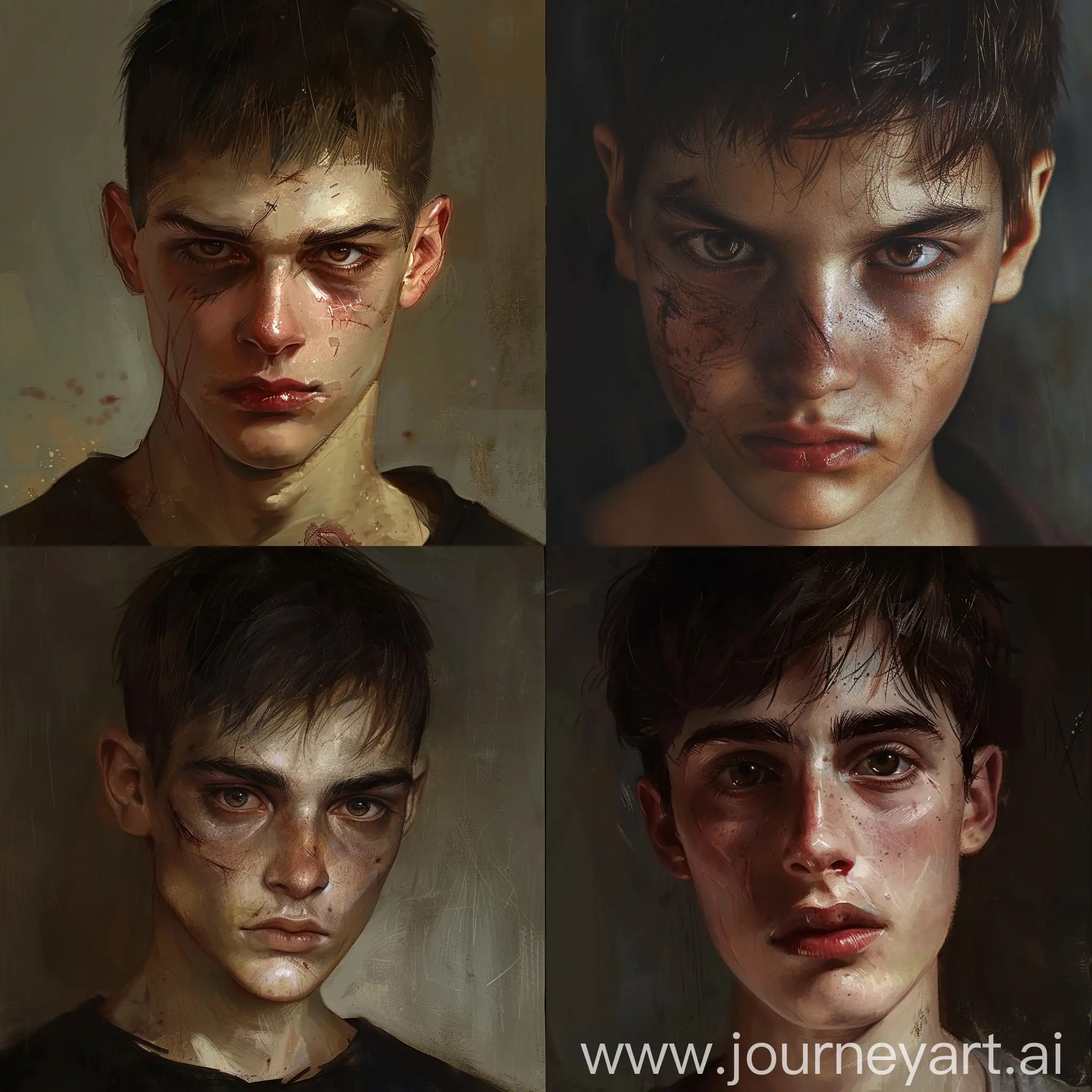 realistic portrait of a 18-year-old psycopath, dark circles under his eyes. Brown eyes. Dark very short brown hair. 
