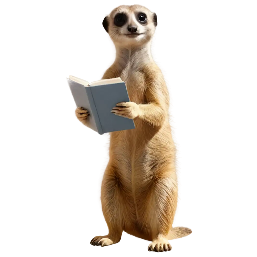 Make me an image of a meerkat studying French grammar by the beach