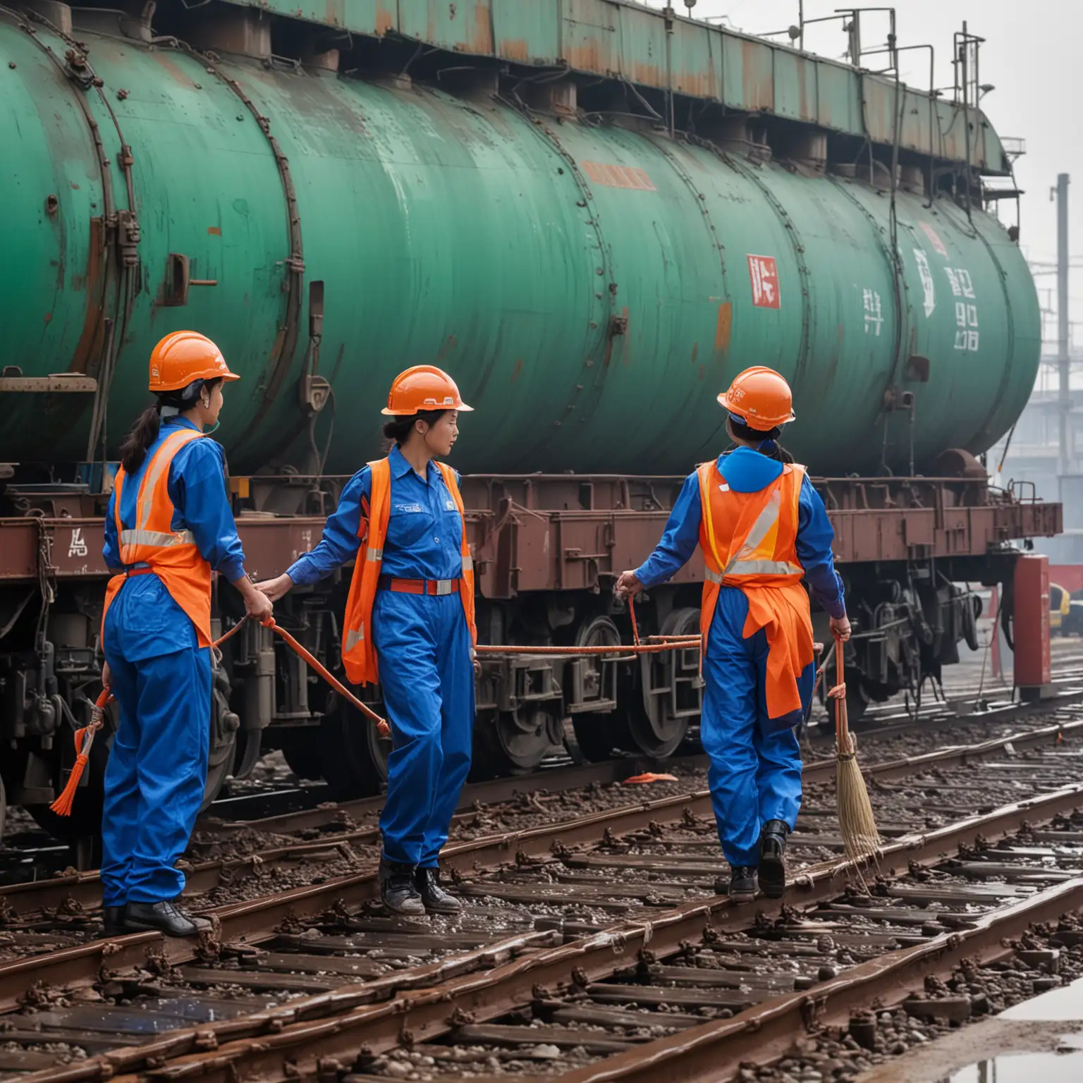 Chinese women workers on railway car wash platform. The scene shows three women, approximately fifty years old, wearing blue work clothes, red high-visibility safety belts for overhead operations, orange-red hard hats, and black labor shoes. They are lined up in a row, one standing on an oil tanker, cleaning the inside of the oil tank with a long mop while sweating profusely. The oil tanker is located in a wash bay with a green top canopy and two layers. The women are working on the second level. Here's your requested photo description.